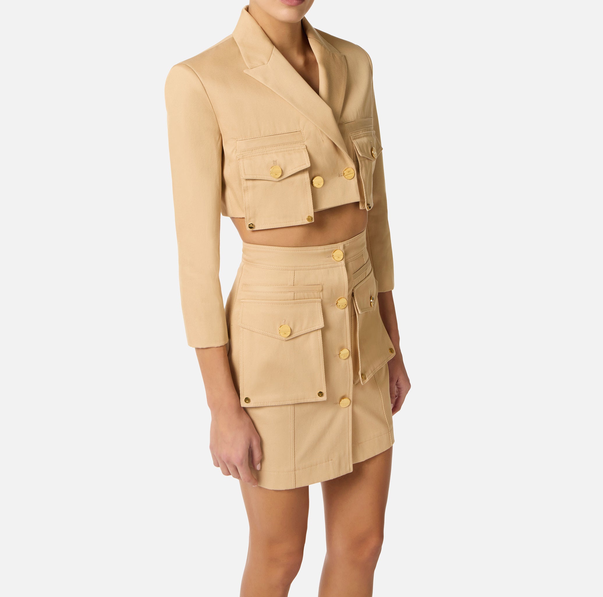 ELISABETTA FRANCHI Giacca Cropped Gabardina Cotone-Cammello