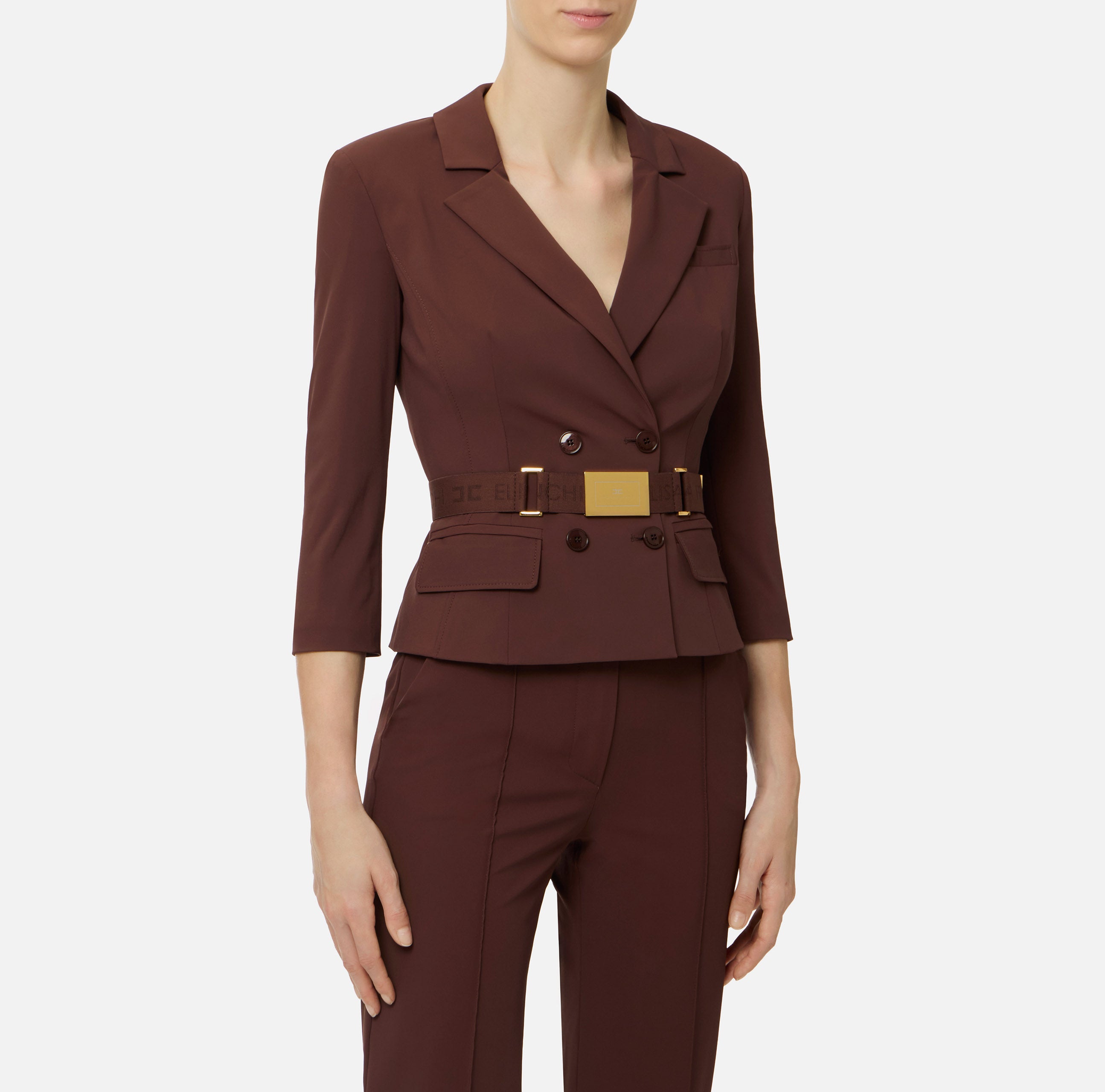ELISABETTA FRANCHI Giacca Tessuto Bielastico Cintura-Cacao
