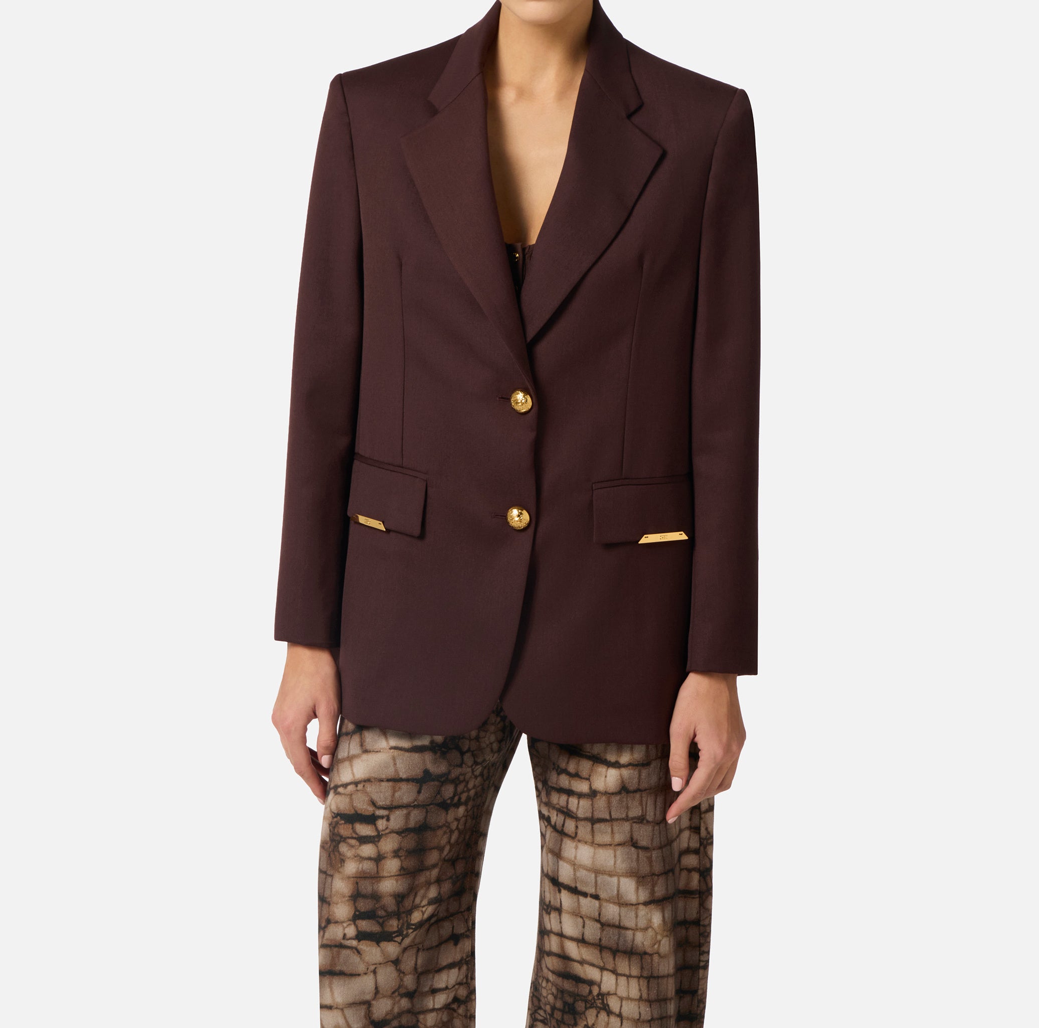 ELISABETTA FRANCHI Giacca Monopetto Fresco Lana Placca Logo-Cacao