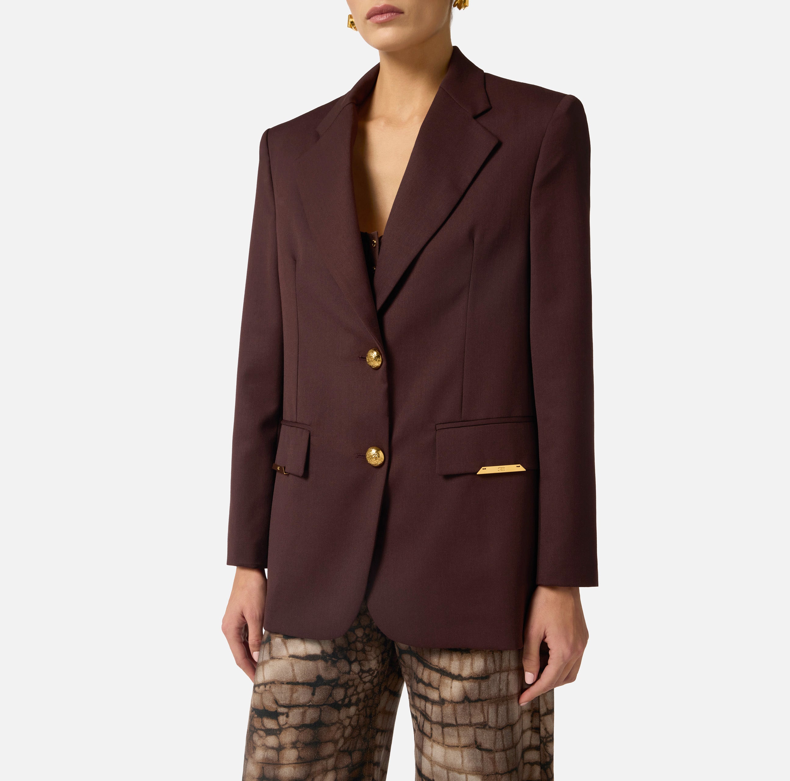 ELISABETTA FRANCHI Giacca Monopetto Fresco Lana Placca Logo-Cacao