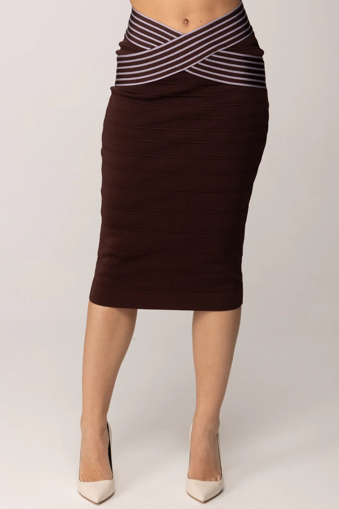 ELISABETTA FRANCHI Gonna Midi Maglia Bande Righe-Cacao/Lilla