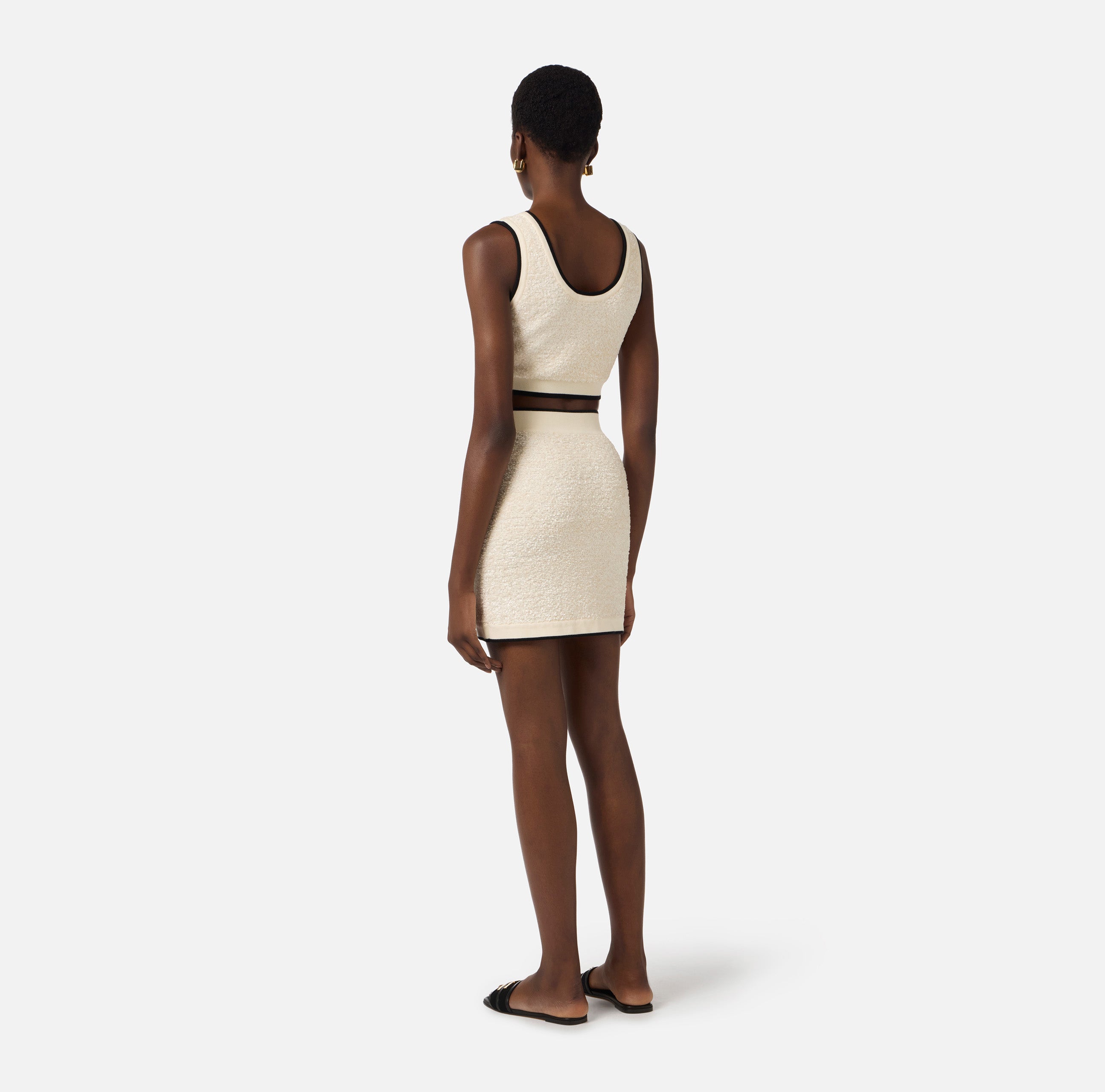 ELISABETTA FRANCHI Gonna Corta Ciniglia Bouclè Label Logo-Burro/Nero