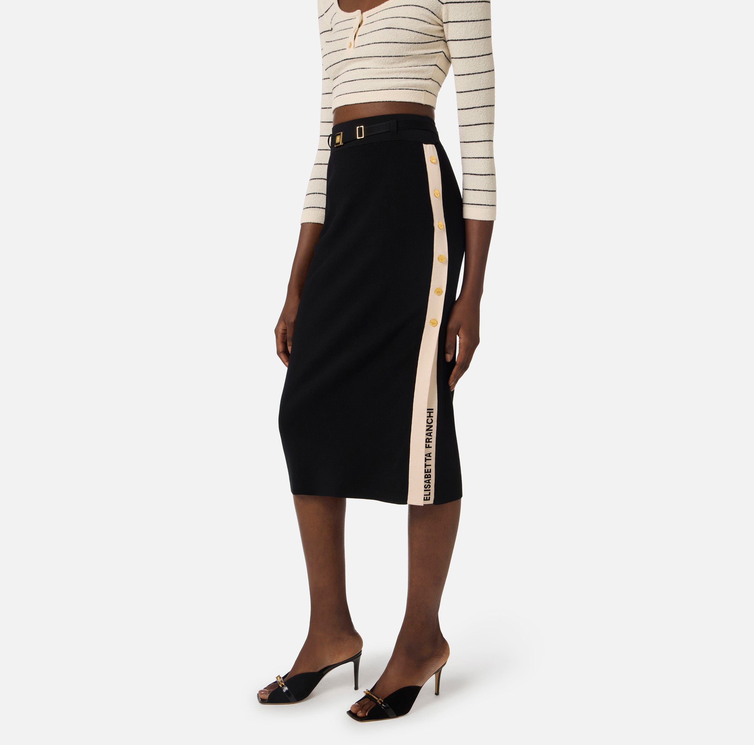 ELISABETTA FRANCHI Gonna Midi Maglia Viscosa Bande Bottoni-Nero/Burro