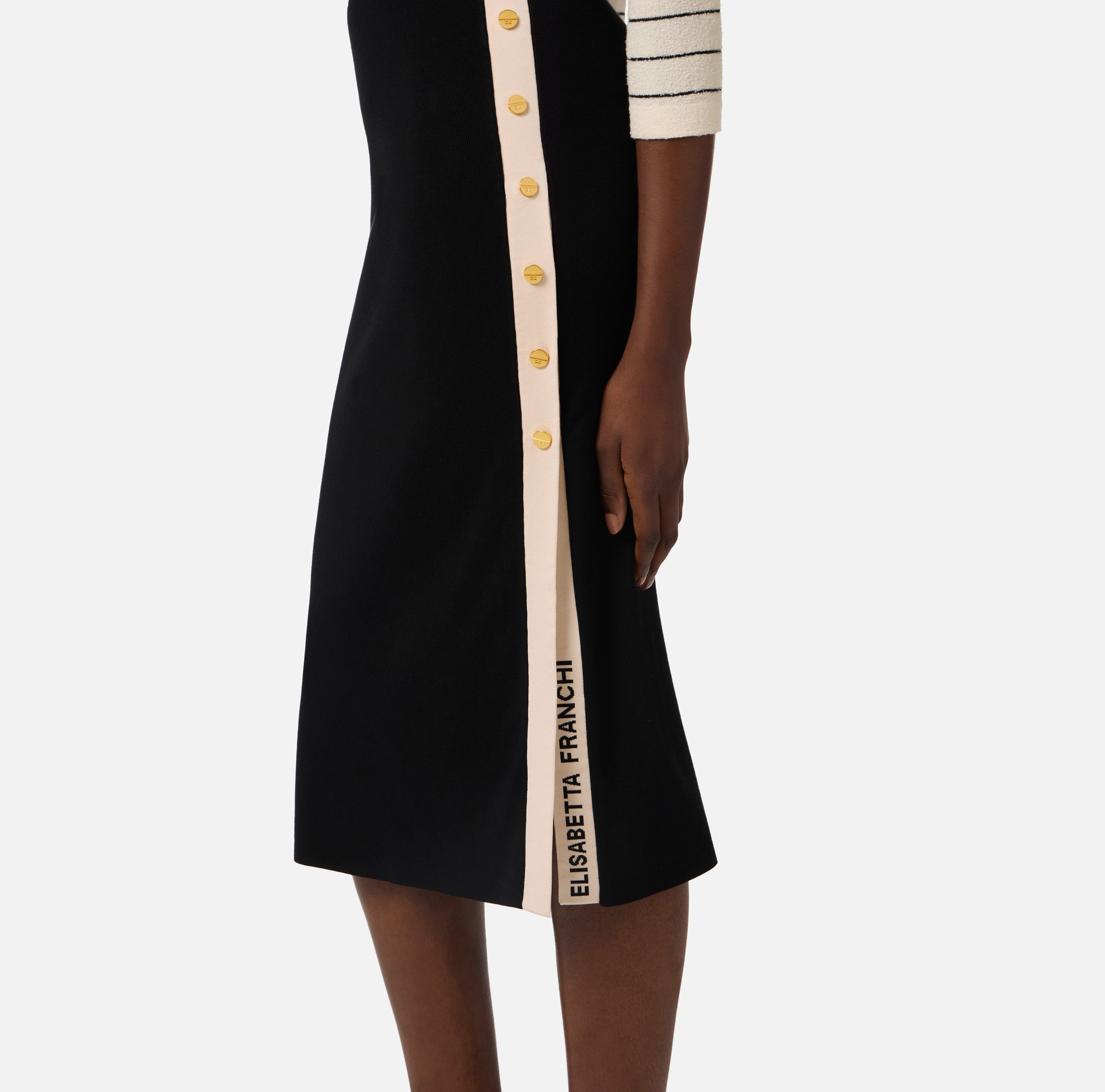 ELISABETTA FRANCHI Gonna Midi Maglia Viscosa Bande Bottoni-Nero/Burro