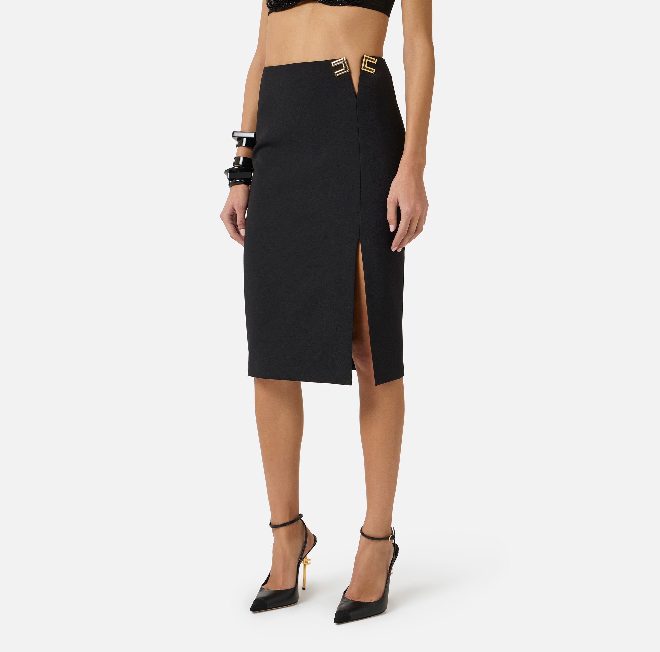 ELISABETTA FRANCHI Gonna Midi Gonna Doppio crêpe Spacco Logo-Nero