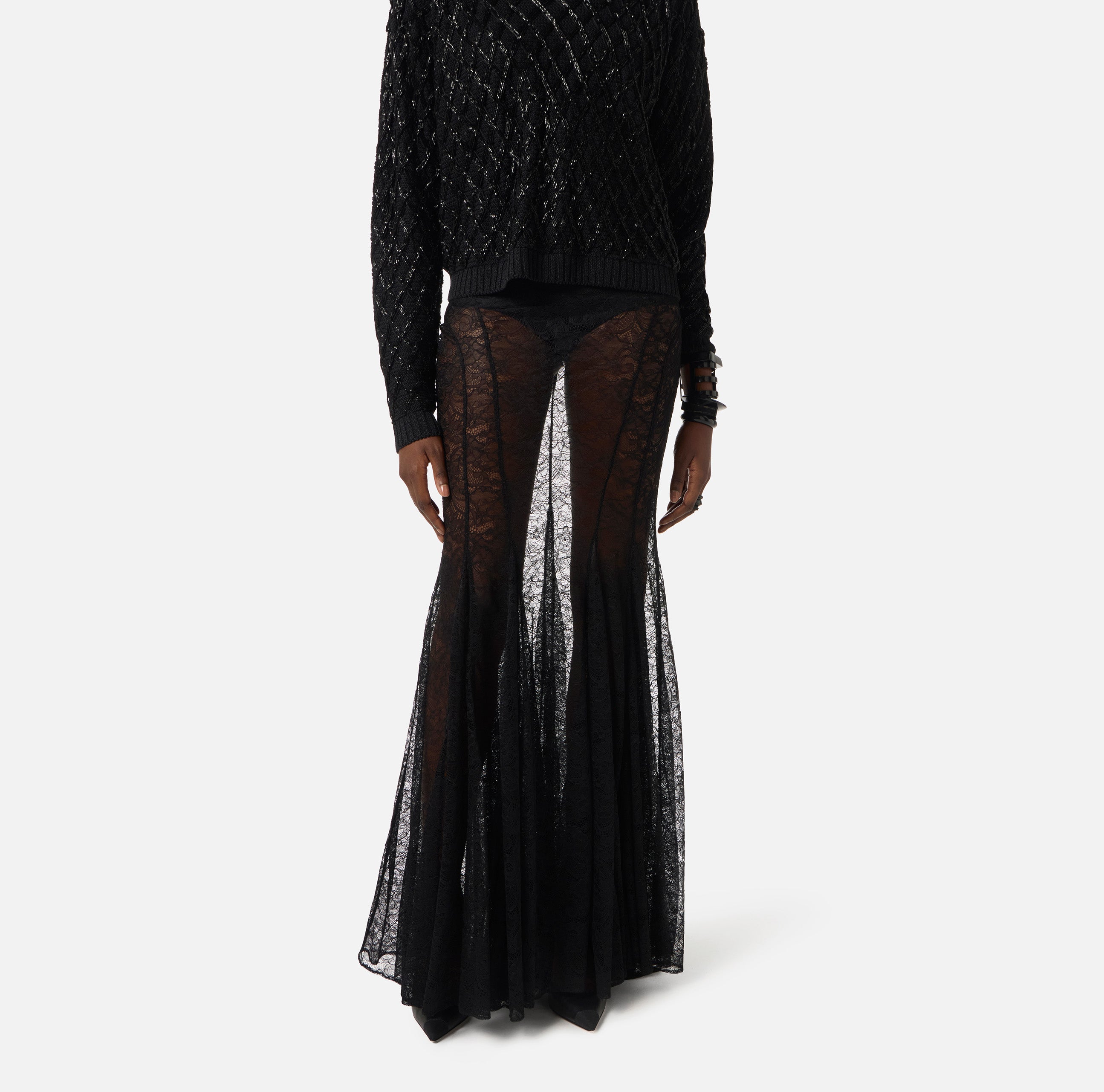 ELISABETTA FRANCHI Gonna Pizzo Floreale-Nero