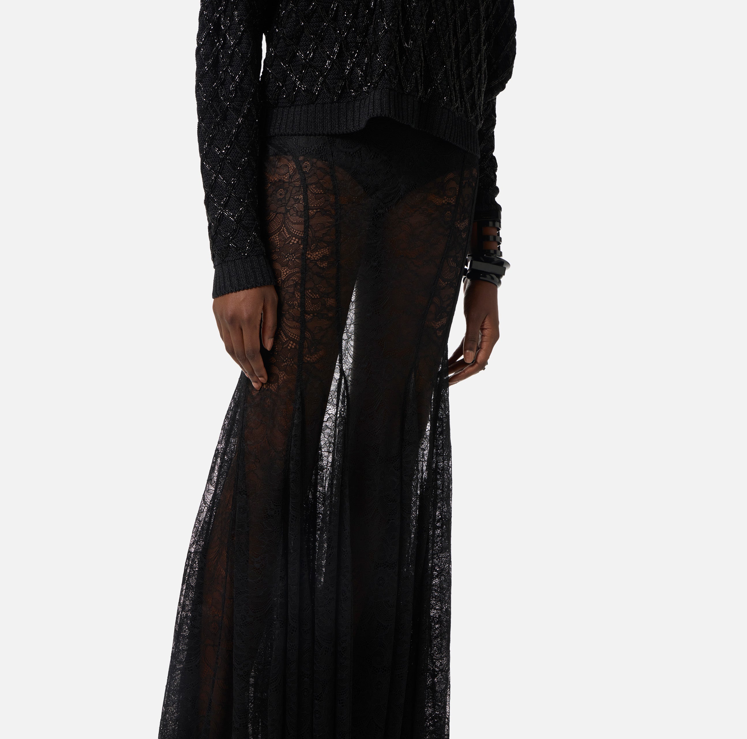ELISABETTA FRANCHI Gonna Pizzo Floreale-Nero