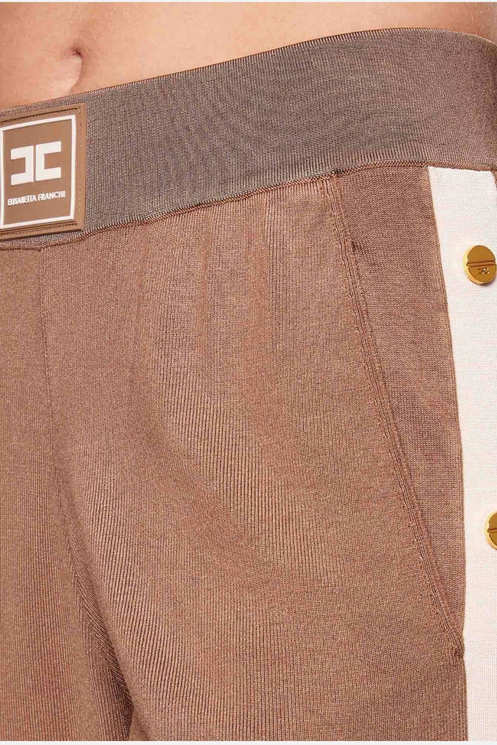 ELISABETTA FRANCHI Pantalone Maglia Viscosa Bande Bottoni-Argilla/Burro