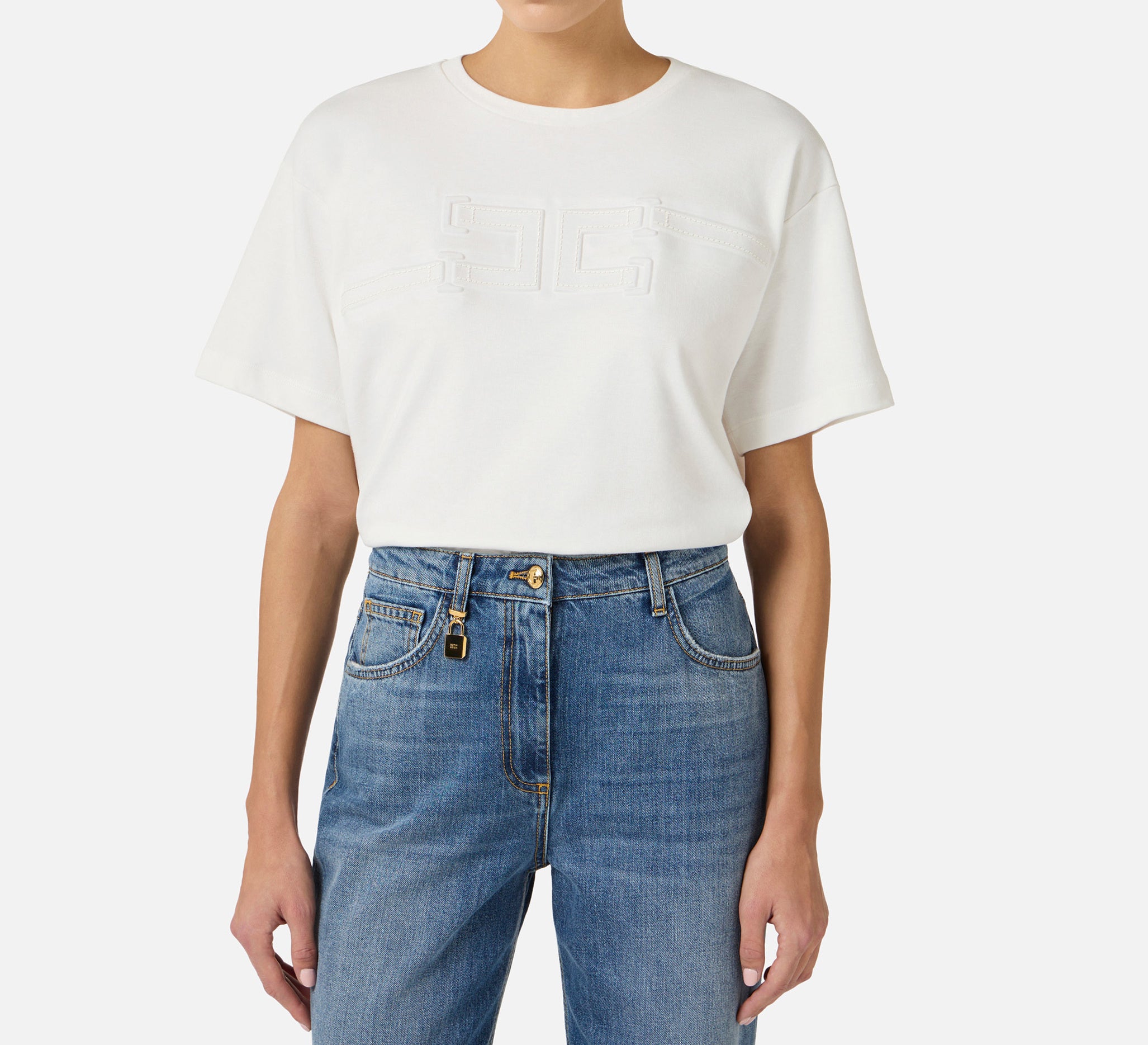 ELISABETTA FRANCHI T-Shirt Jersey Logo-Gesso