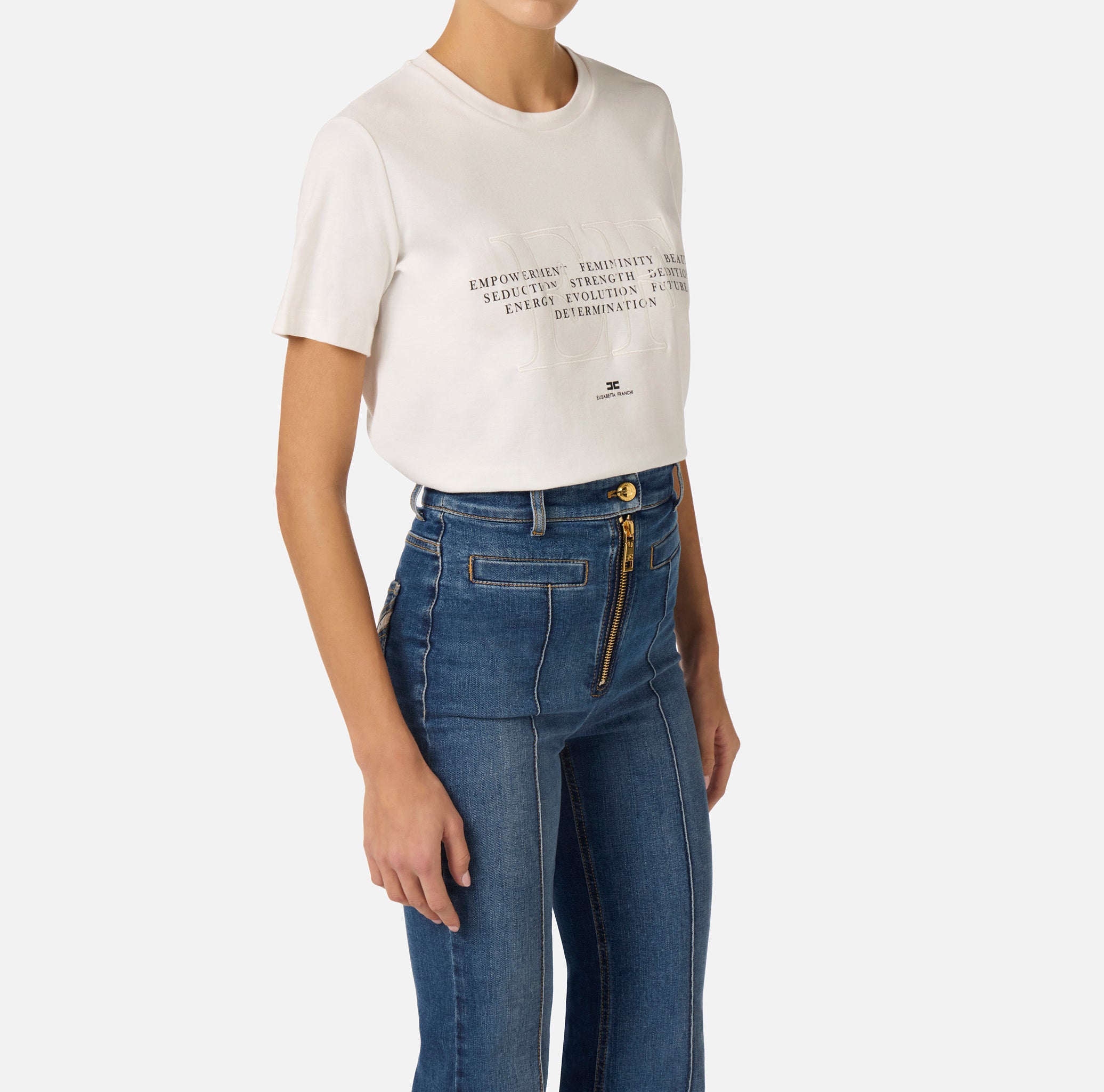 ELISABETTA FRANCHI T-Shirt Jersey Logo Ricamato Stampa-Gesso