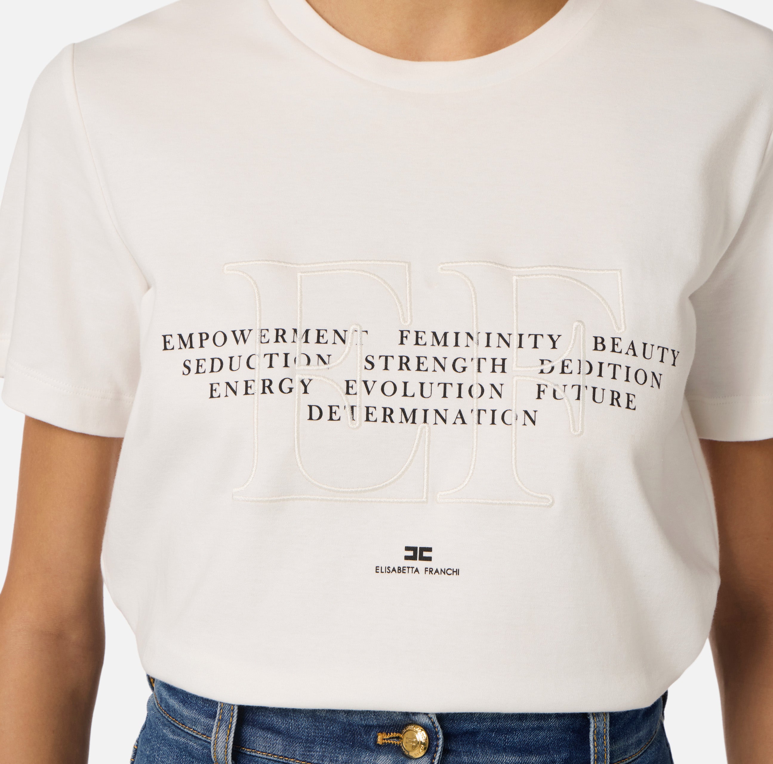 ELISABETTA FRANCHI T-Shirt Jersey Logo Ricamato Stampa-Gesso