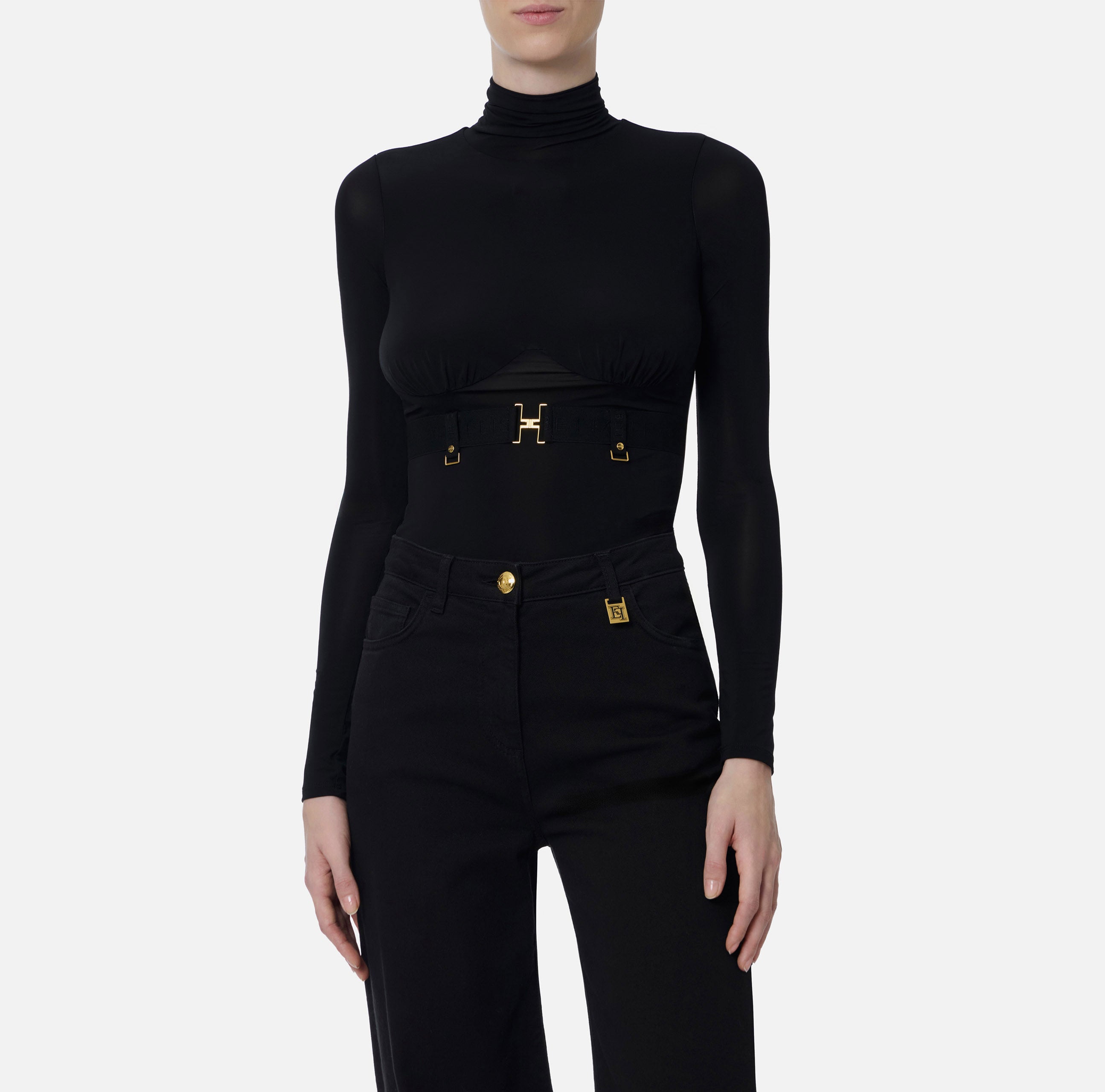 ELISABETTA FRANCHI Maglia Dolcevita jersey crêpe Cintura-Nero