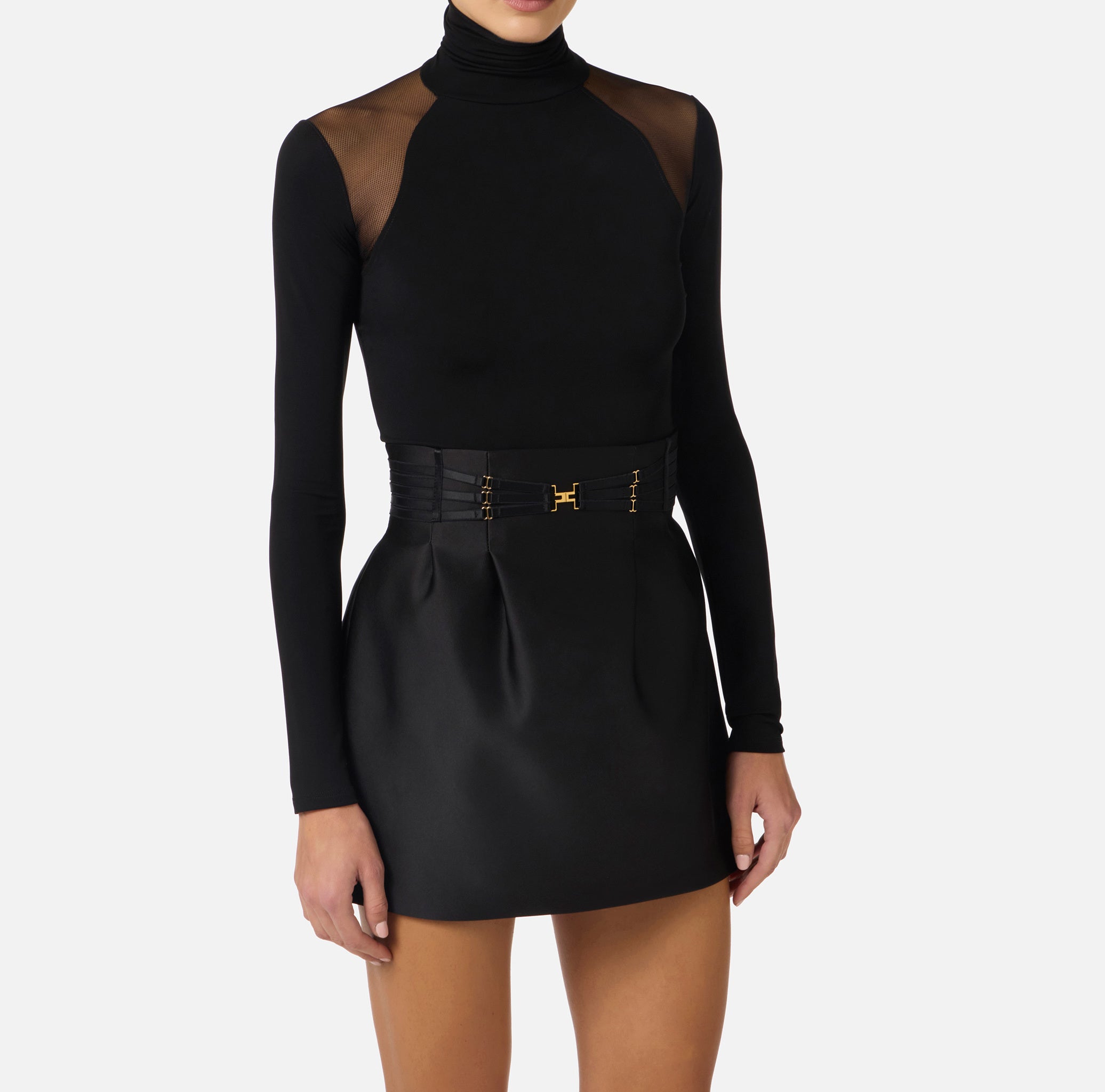 ELISABETTA FRANCHI Maglia Dolcevita jersey crêpe Tulle-Nero
