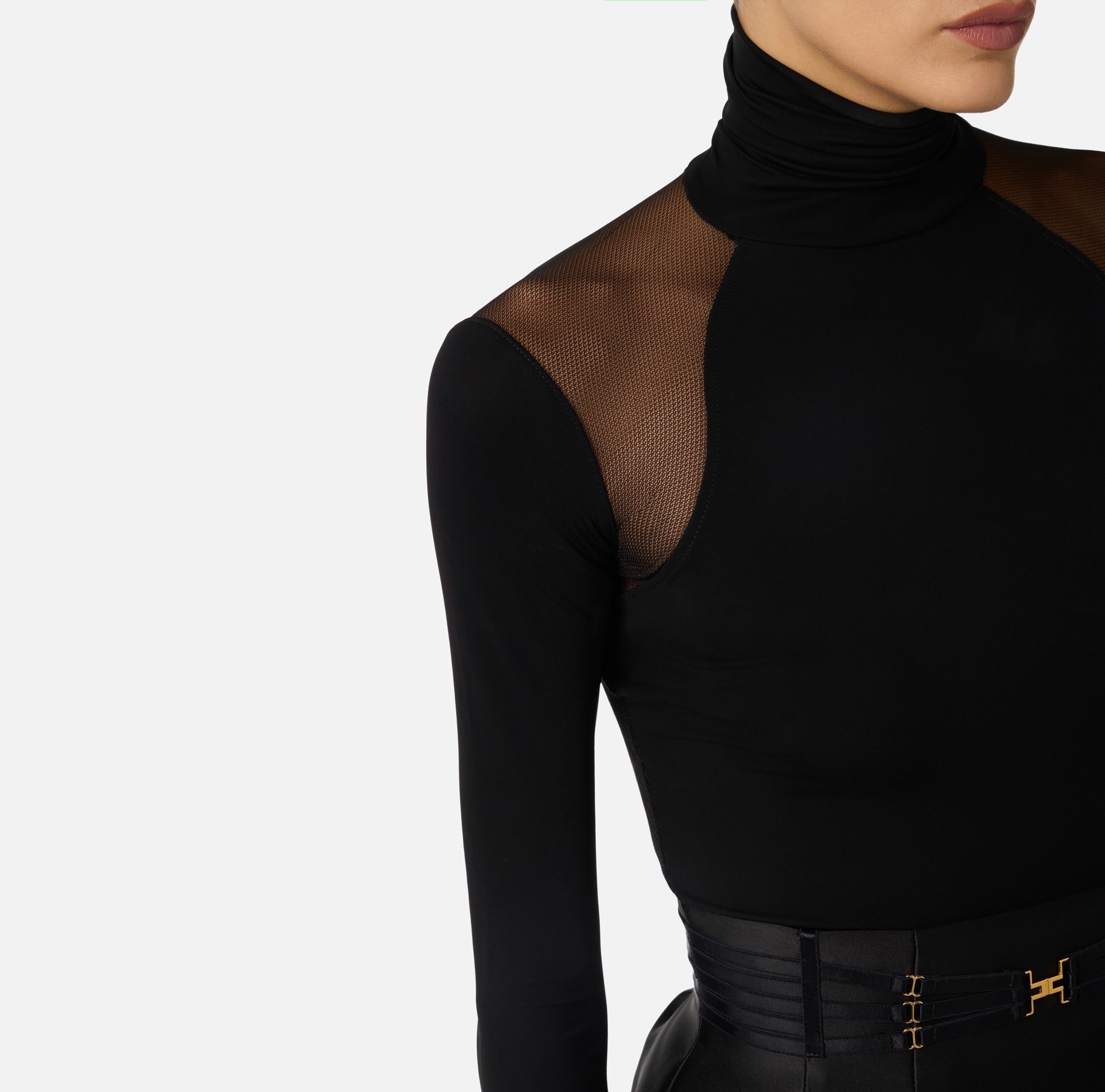 ELISABETTA FRANCHI Maglia Dolcevita jersey crêpe Tulle-Nero