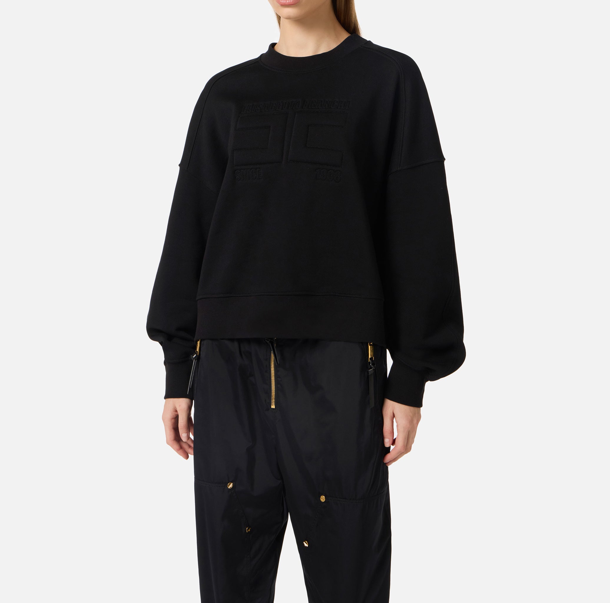 ELISABETTA FRANCHI Felpa Cotone Logo Embossed-Nero