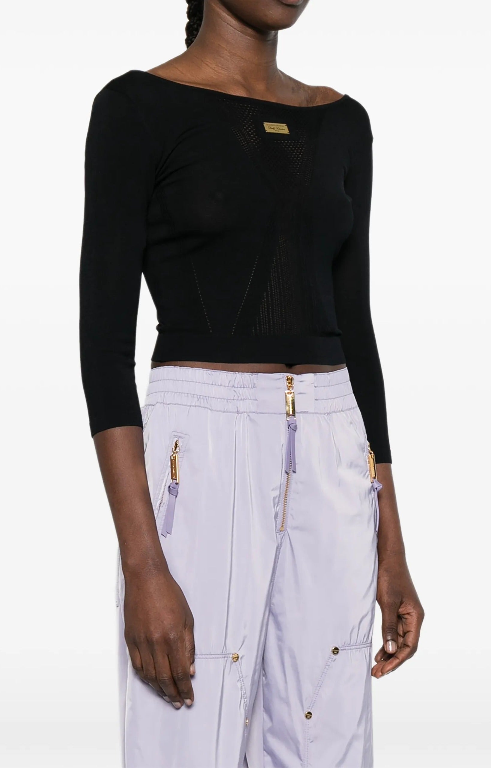 ELISABETTA FRANCHI Maglia Traforata Placca Logo-Nero