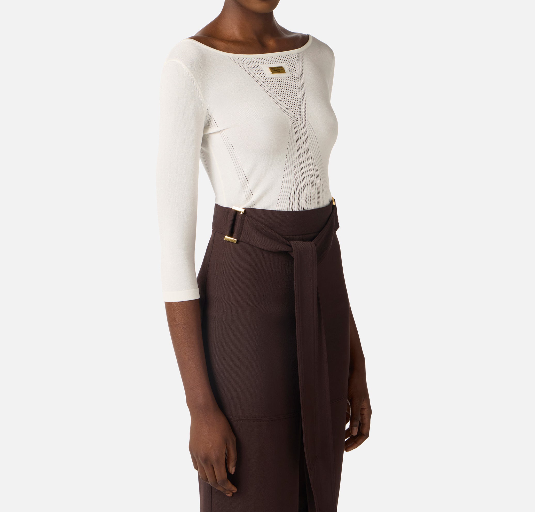 ELISABETTA FRANCHI Maglia Traforata Placca Logo-Avorio