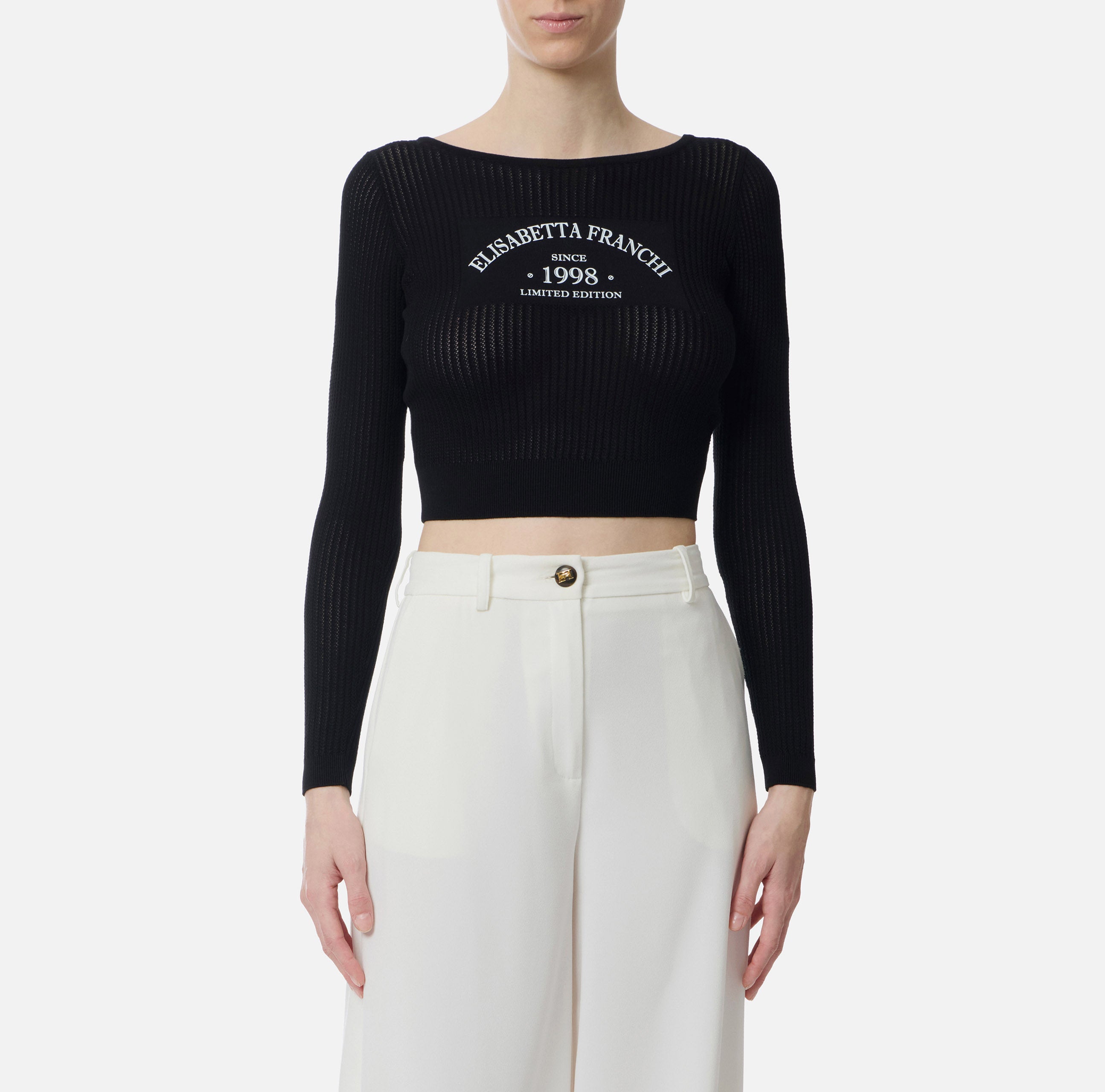 ELISABETTA FRANCHI Maglia Costine Traforate Stampa Logo-Nero