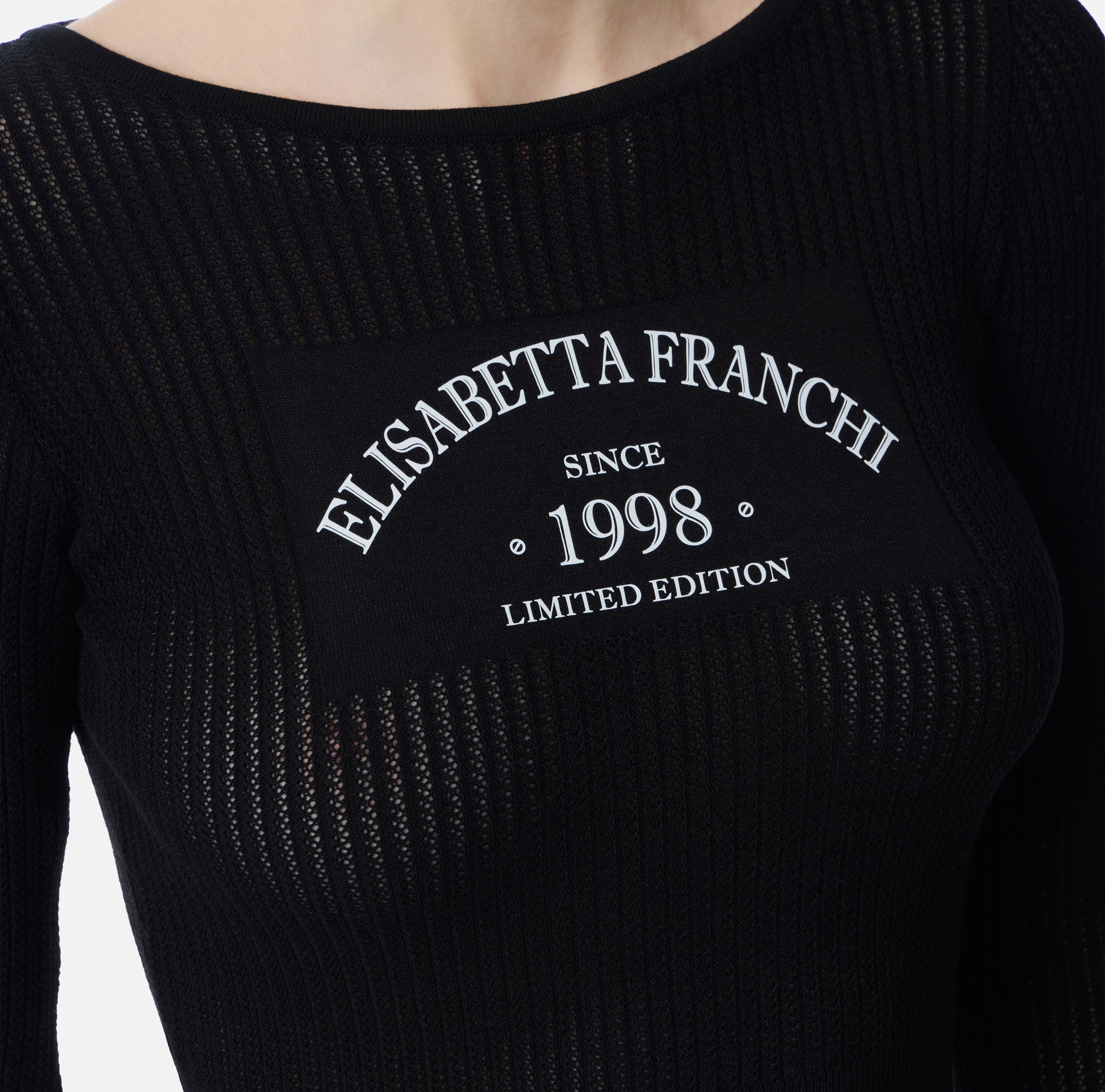 ELISABETTA FRANCHI Maglia Costine Traforate Stampa Logo-Nero