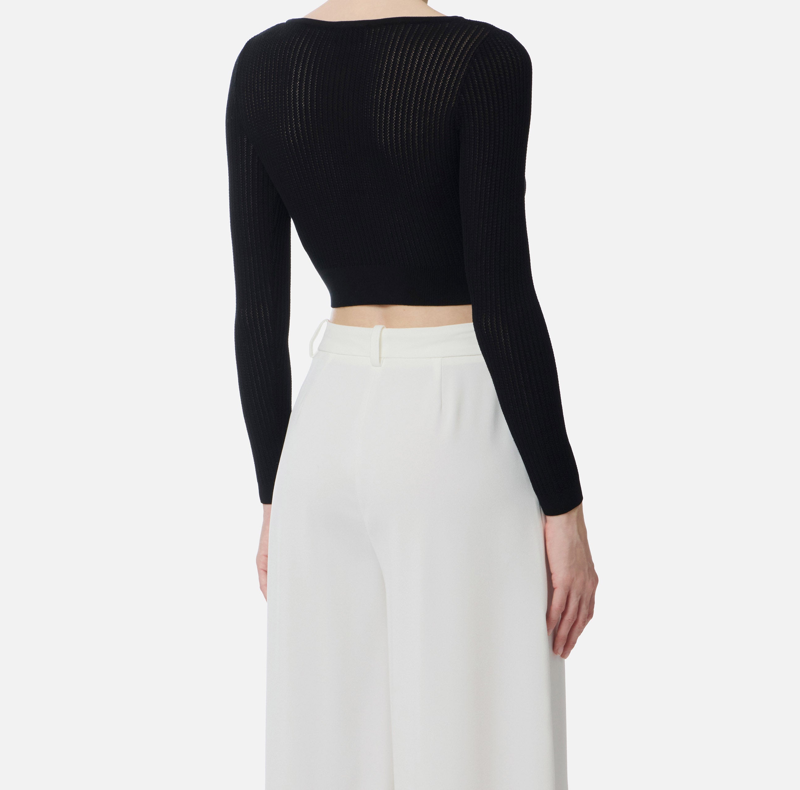 ELISABETTA FRANCHI Maglia Costine Traforate Stampa Logo-Nero