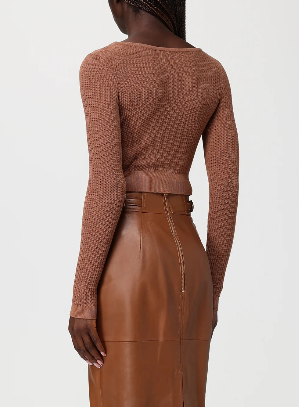 ELISABETTA FRANCHI Maglia Costine Traforate Stampa Logo-Cuoio