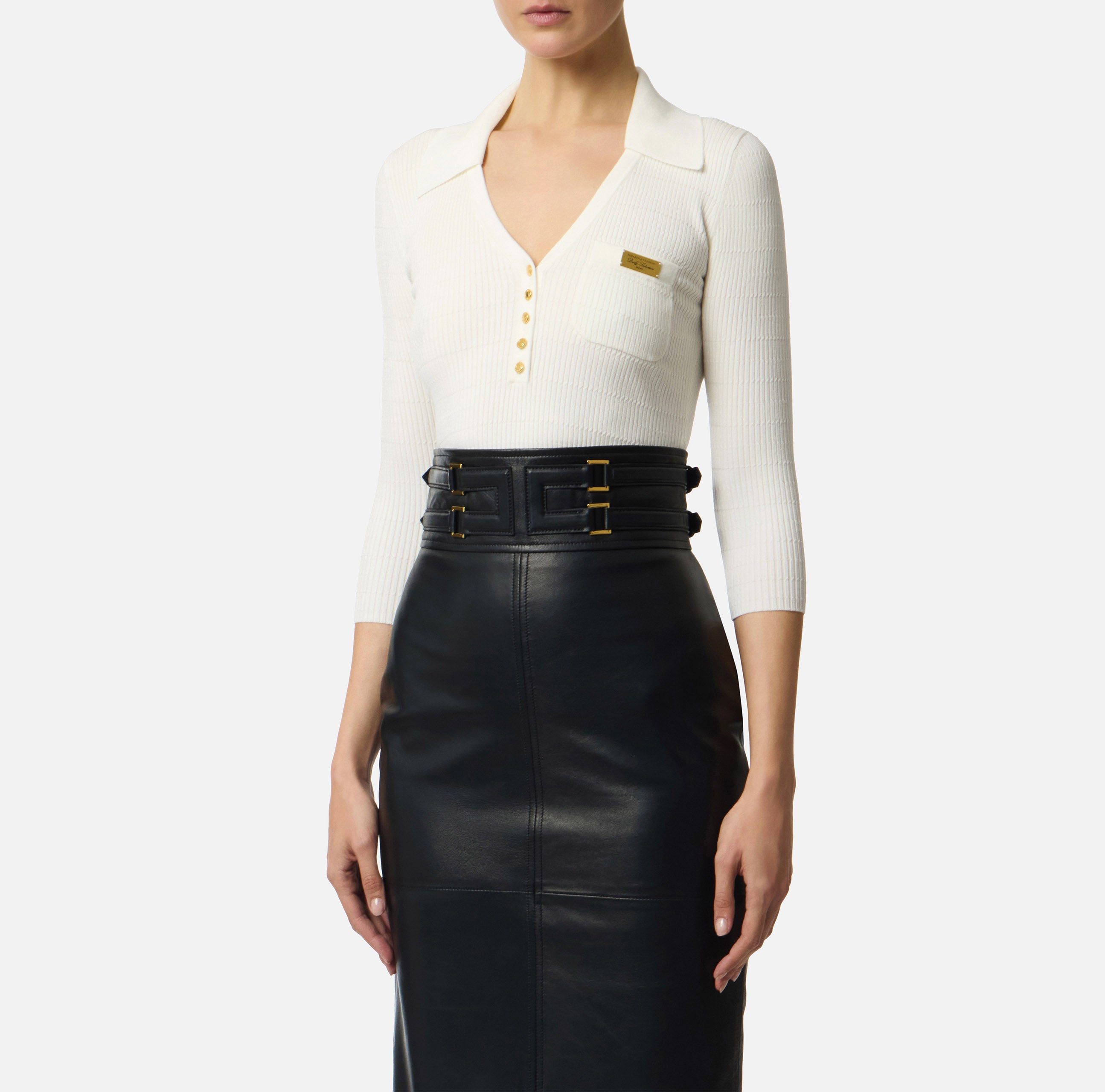 ELISABETTA FRANCHI Polo Maglia Costine Micro Trecce-Avorio
