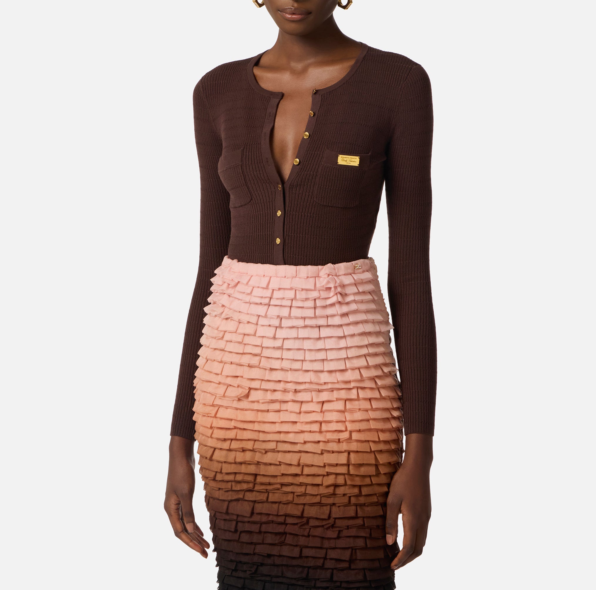 ELISABETTA FRANCHI Cardigan Maglia Costine Micro Trecce-Cacao