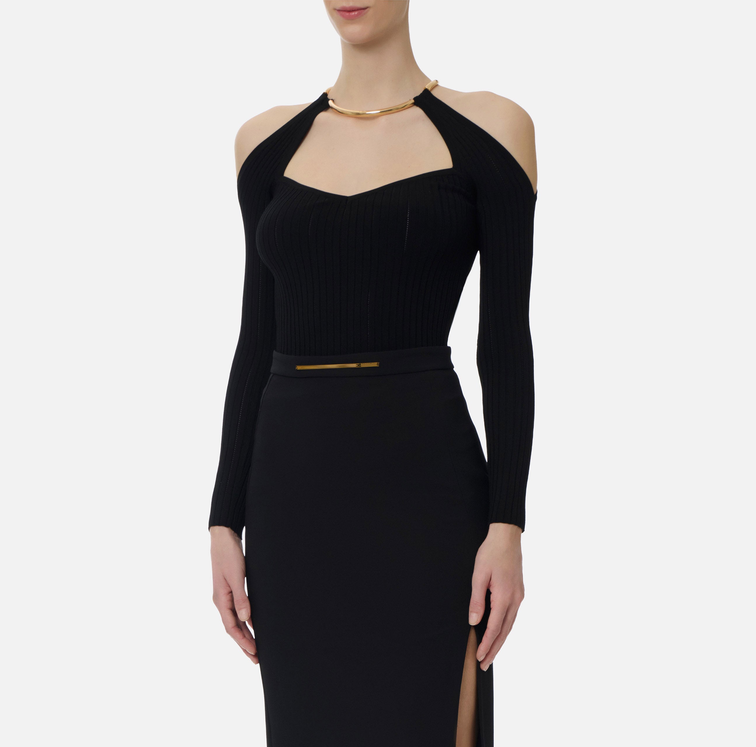 ELISABETTA FRANCHI Maglia Costine Traforate Collana-Nero