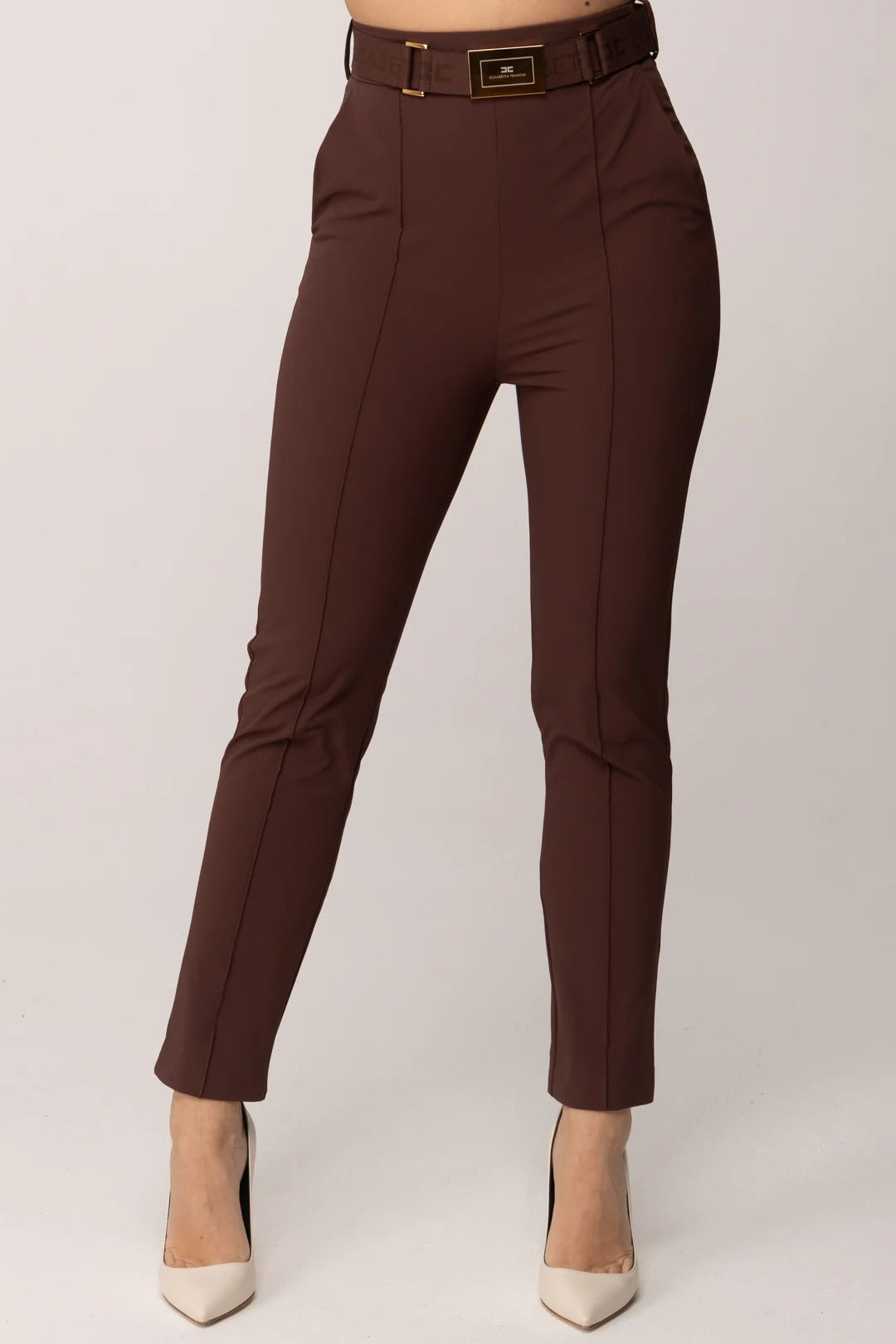 ELISABETTA FRANCHI Pantalone Sigaretta Bielastico Cintura-Cacao