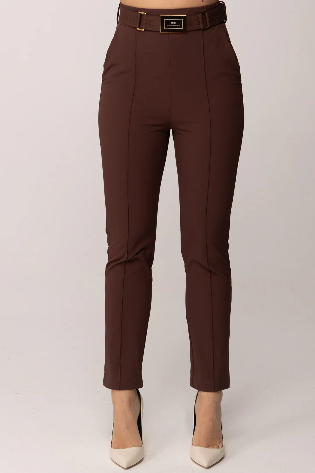 ELISABETTA FRANCHI Pantalone Sigaretta Bielastico Cintura-Cacao