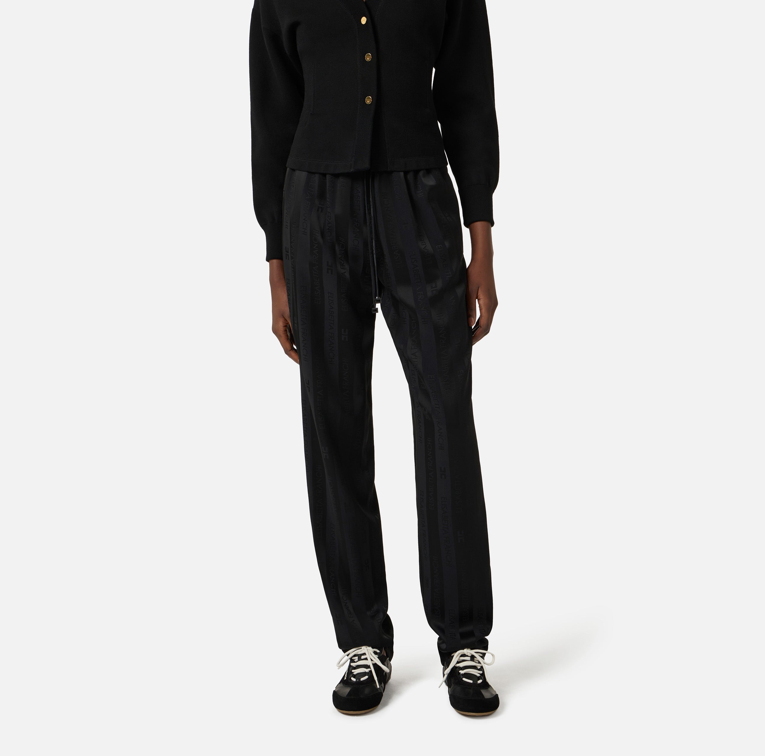 ELISABETTA FRANCHI Pantalone Satin Righe Jacquard Logo-Nero