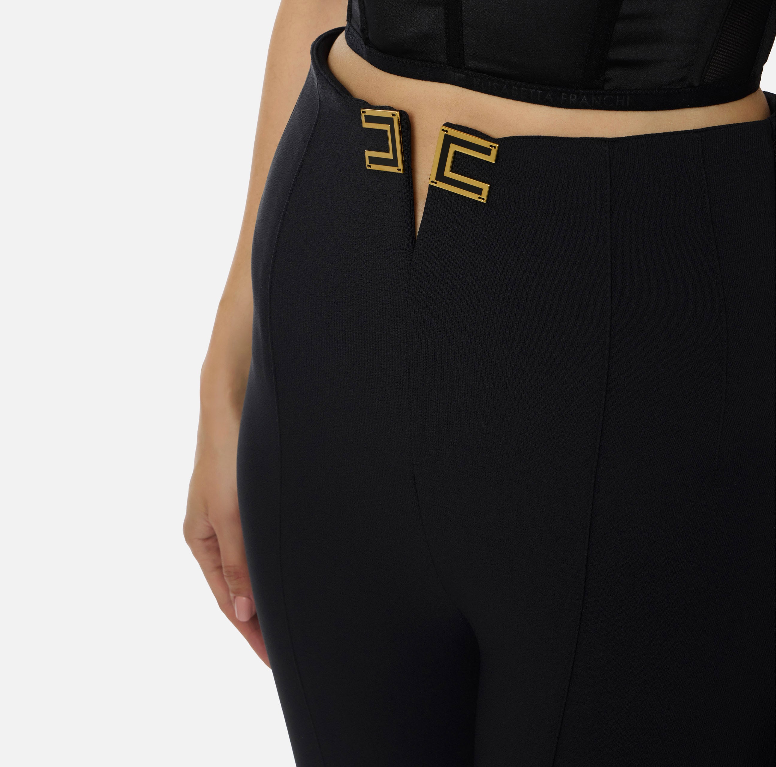 ELISABETTA FRANCHI Pantalone Doppio crêpe Spacco Logo-Nero