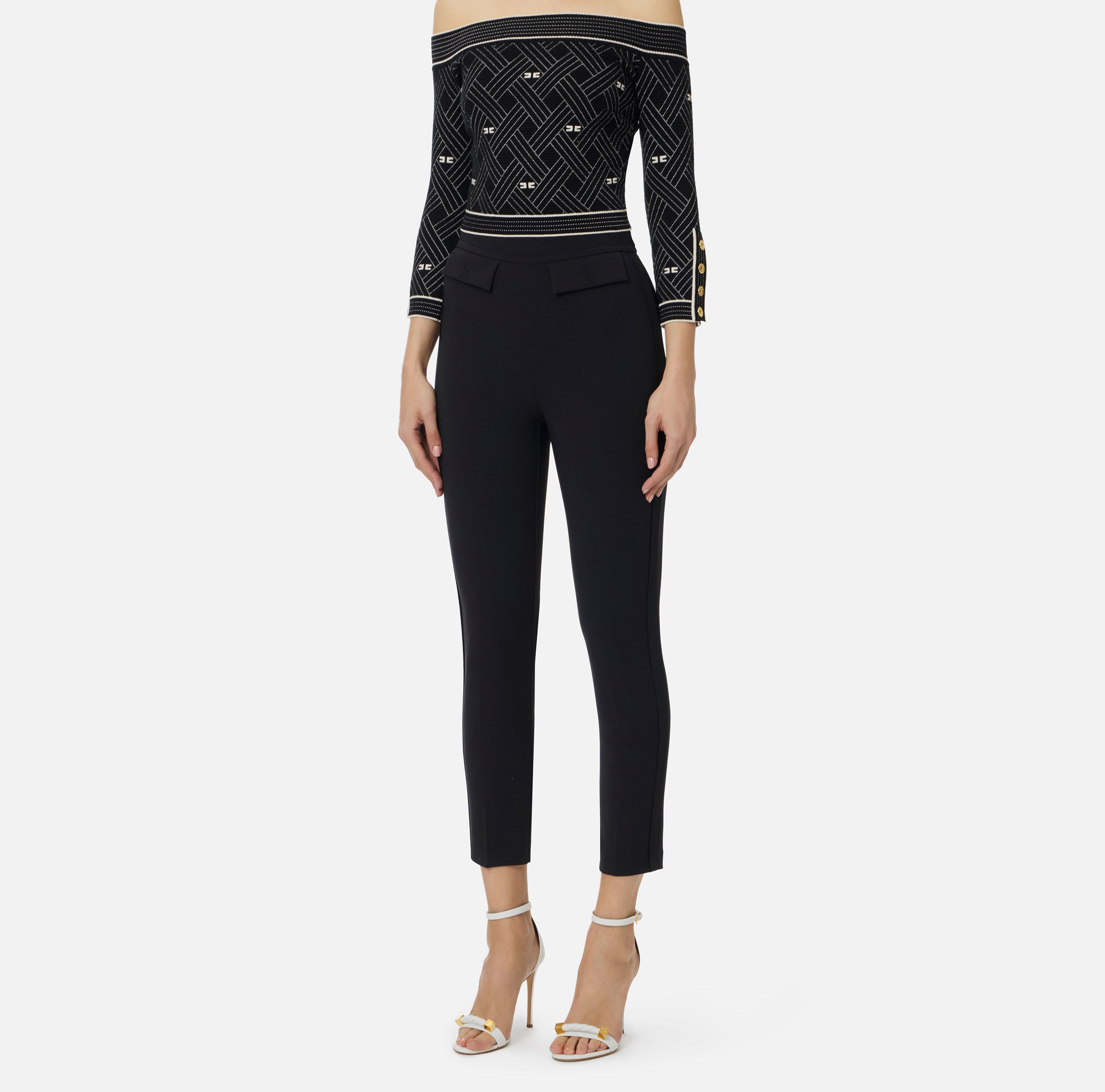 ELISABETTA FRANCHI Pantalone doppio crêpe Ricamo Logo-Nero