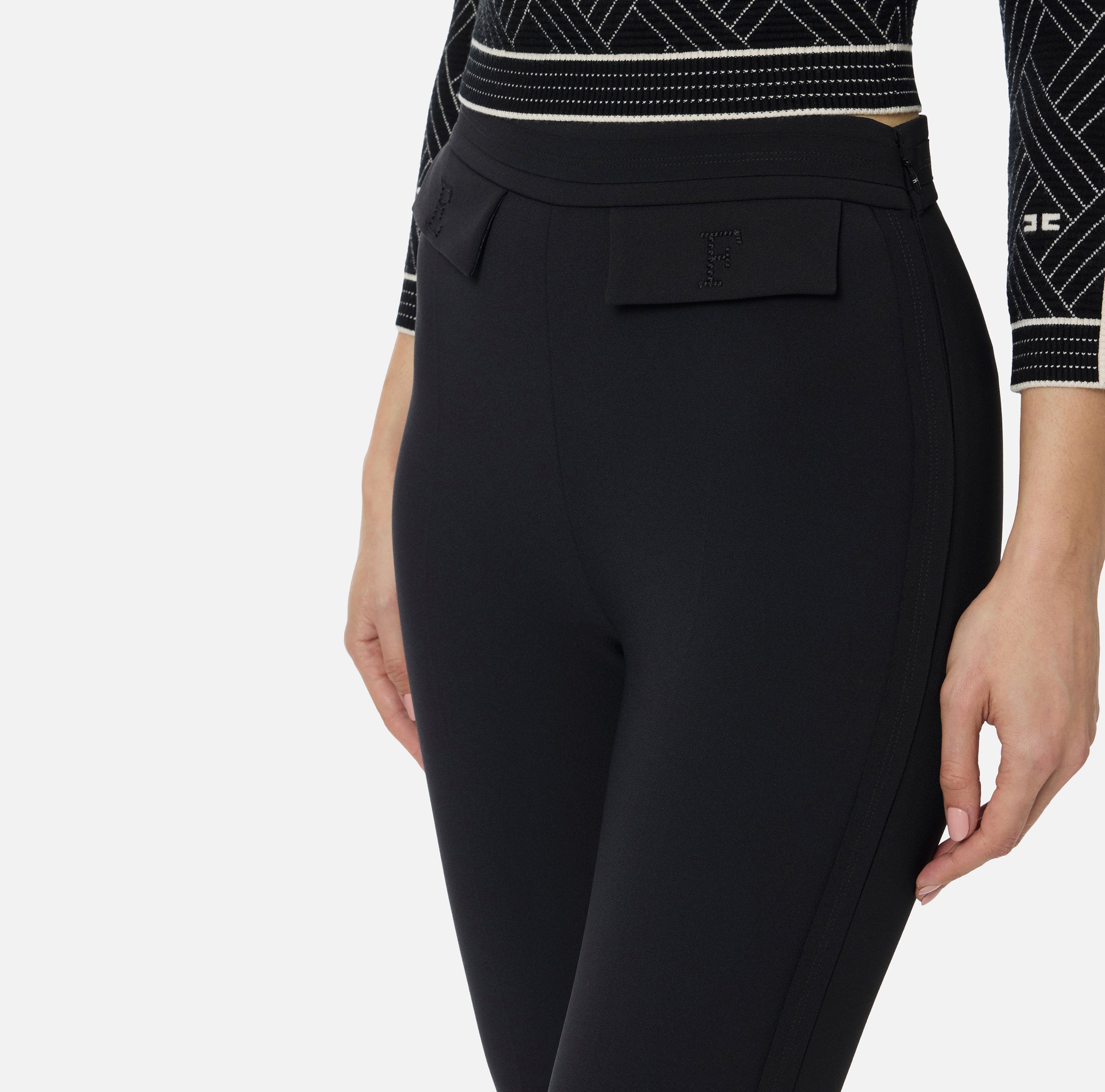 ELISABETTA FRANCHI Pantalone doppio crêpe Ricamo Logo-Nero