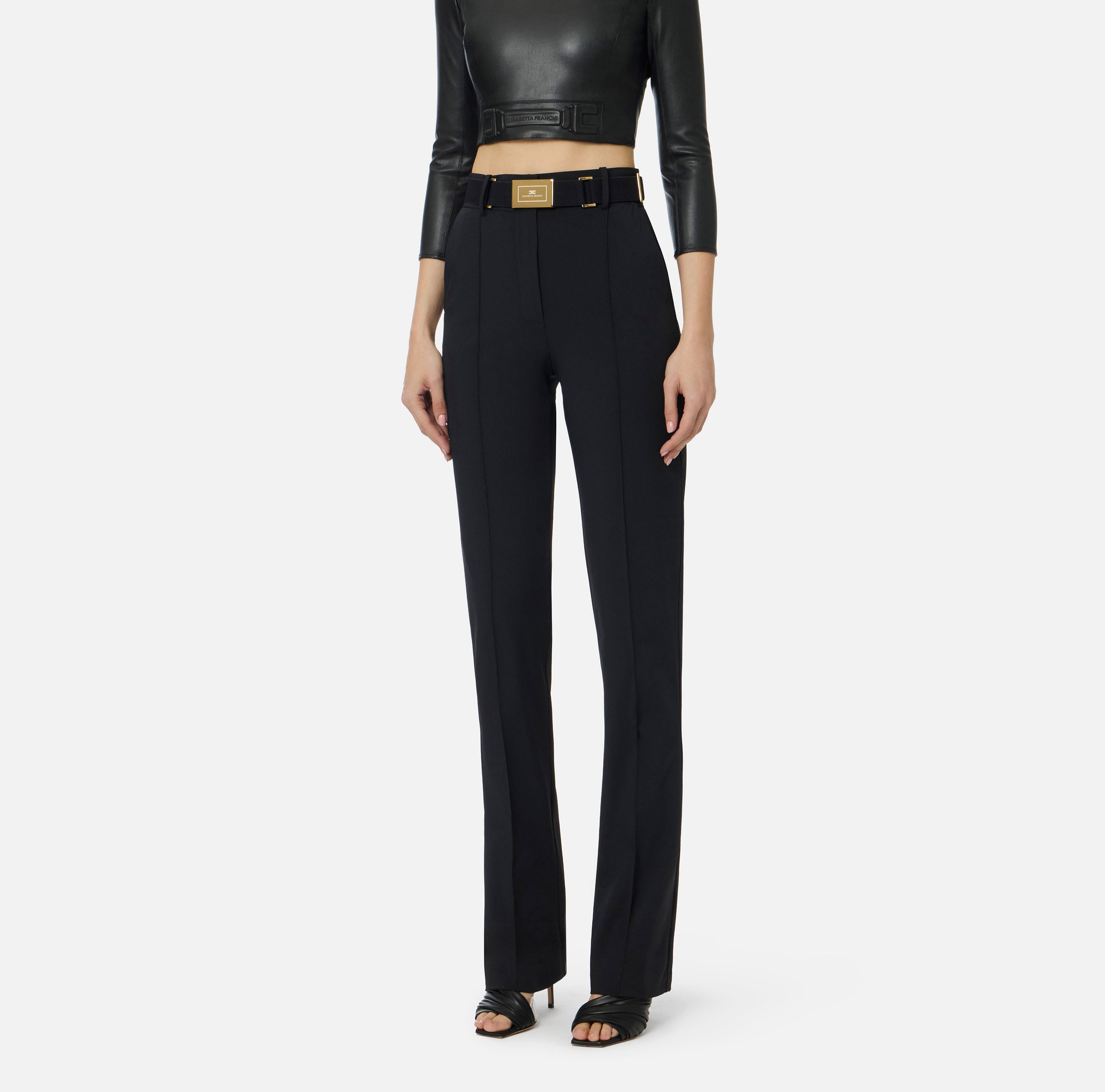 ELISABETTA FRANCHI ショートパンツ ブラック ゴールド金具 ELISABETTA FRANCHI Stretch Straight Trousers with Belt - Black