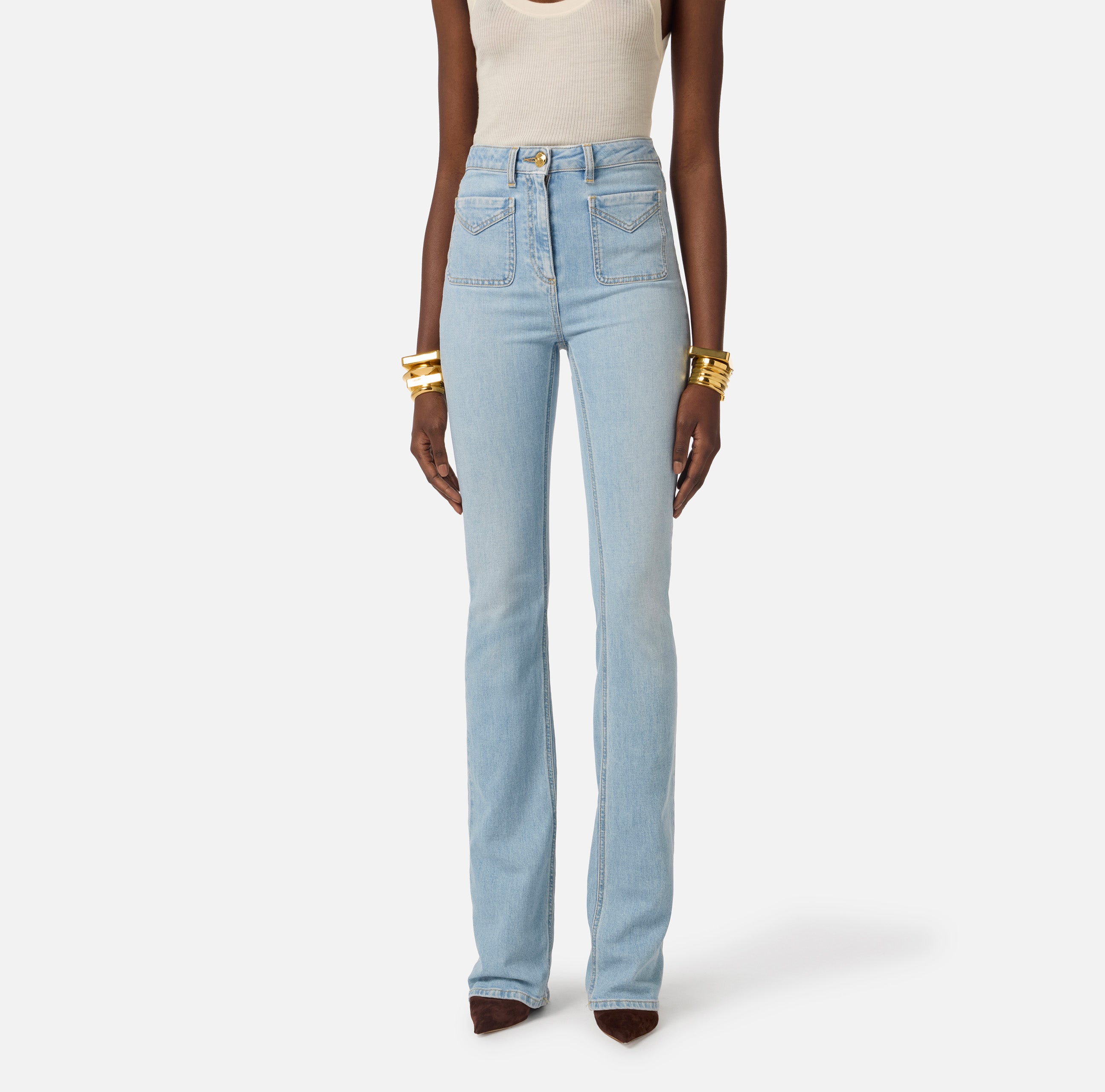 ELISABETTA FRANCHI Jeans Zampa Taschini Placca Logo-Light Blue