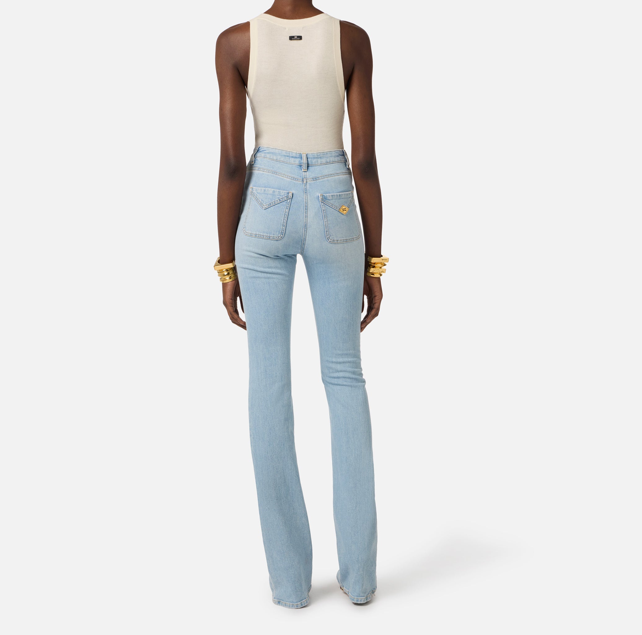 ELISABETTA FRANCHI Jeans Zampa Taschini Placca Logo-Light Blue