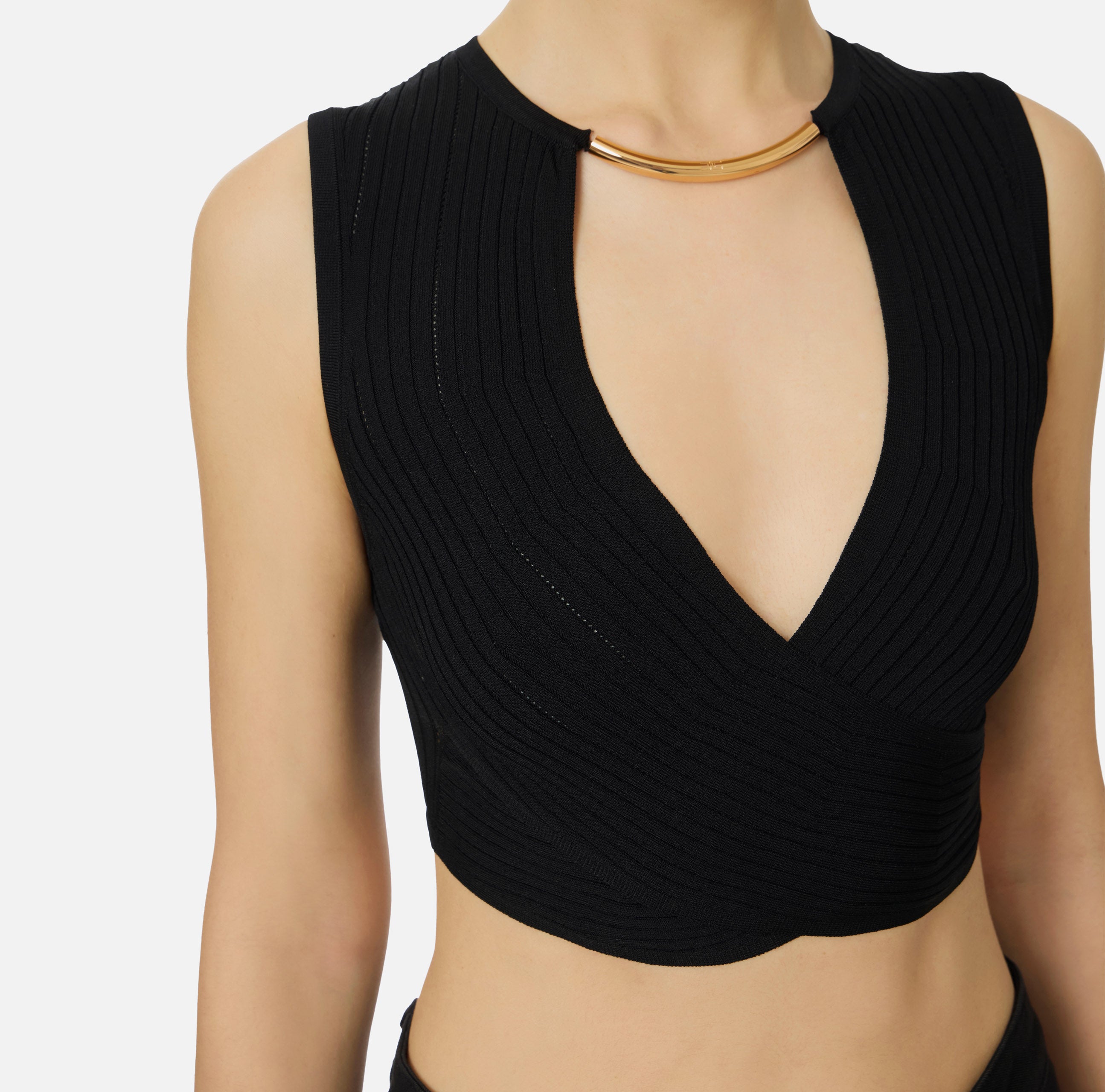 ELISABETTA FRANCHI Top Maglia Costine Traforate-Nero