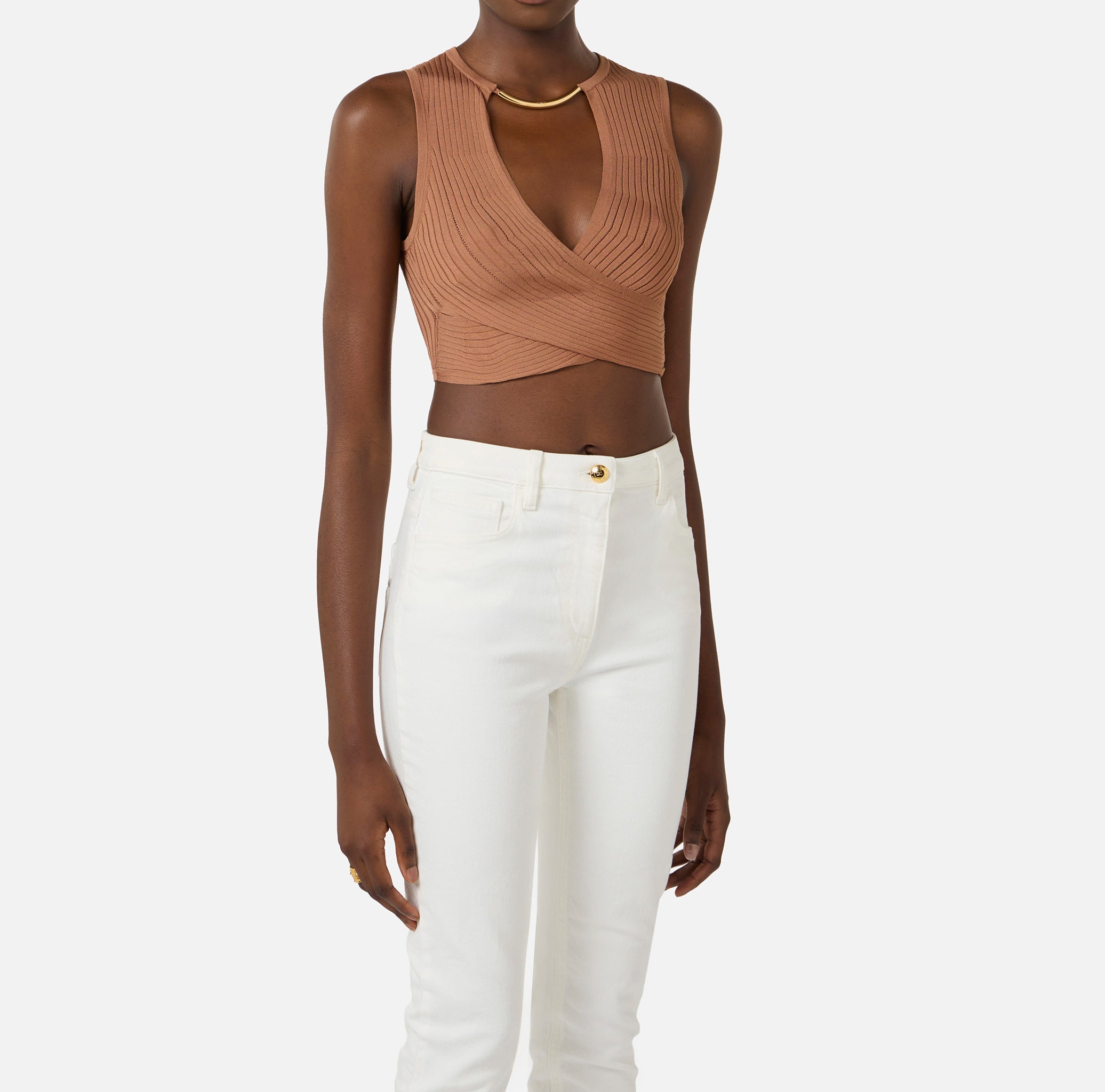 ELISABETTA FRANCHI Top Maglia Costine Traforate-Cuoio