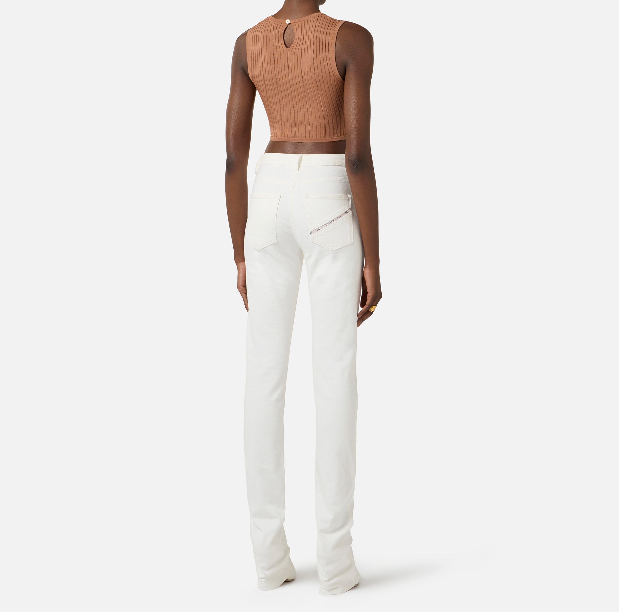 ELISABETTA FRANCHI Top Maglia Costine Traforate-Cuoio