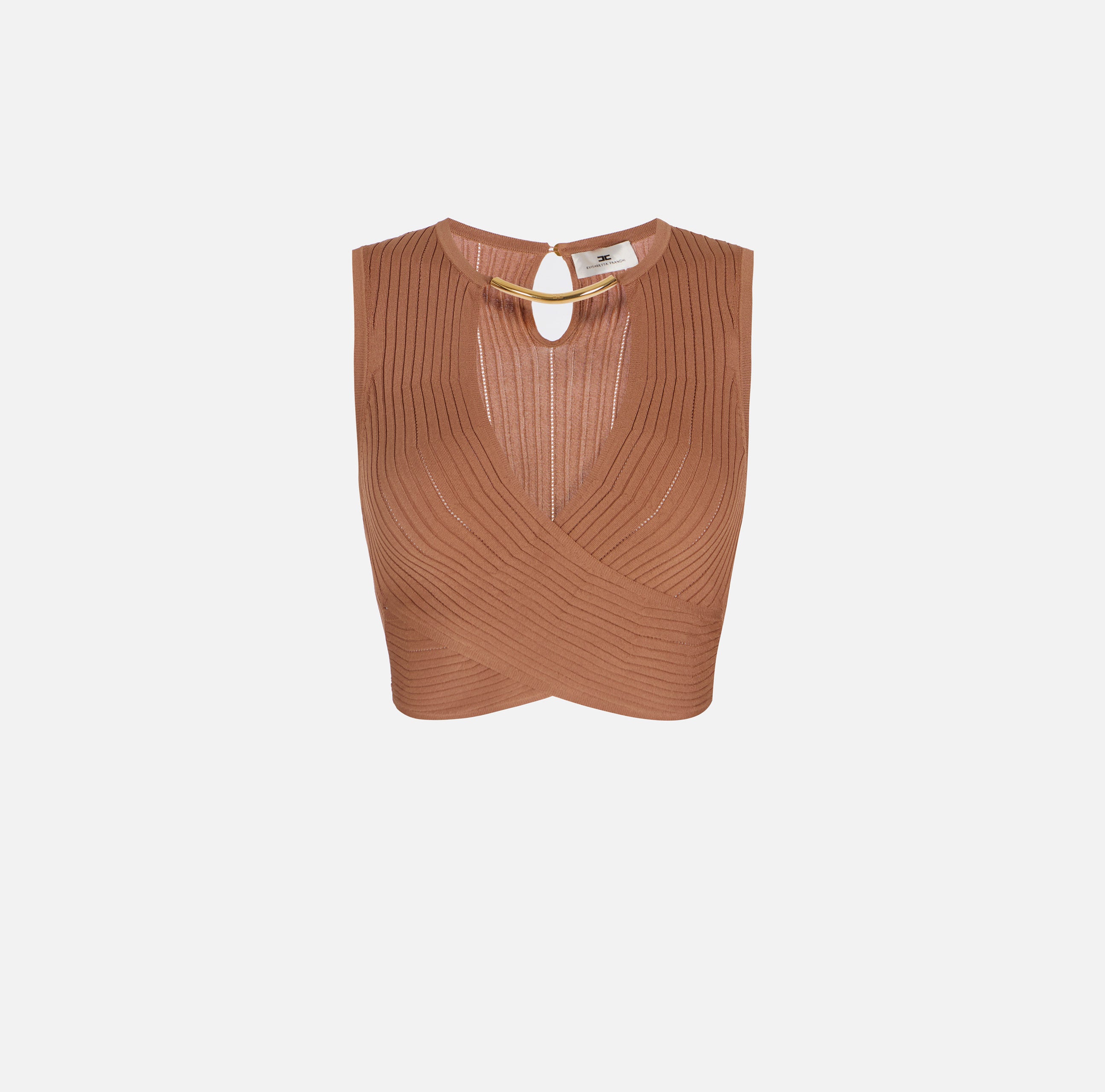 ELISABETTA FRANCHI Top Maglia Costine Traforate-Cuoio