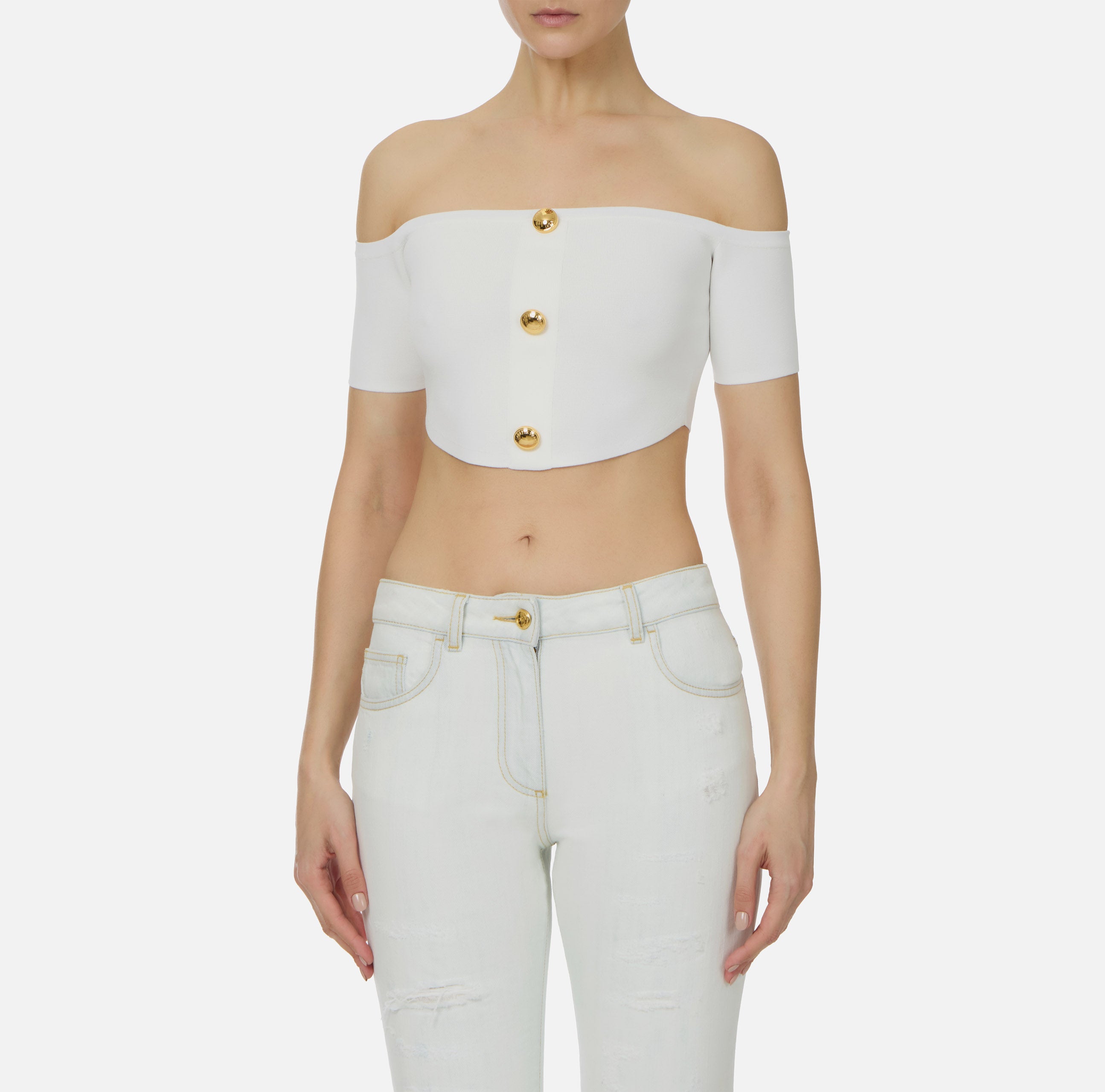 ELISABETTA FRANCHI Top Maglia Scollo Barca-Avorio
