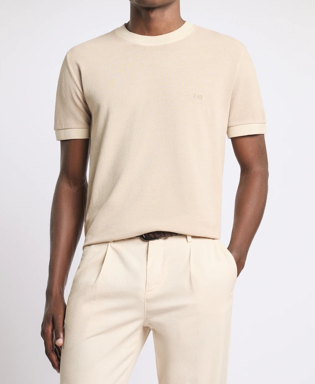 FAY T-Shirt Uomo Piquet Cotone Ricamo Logo-Beige