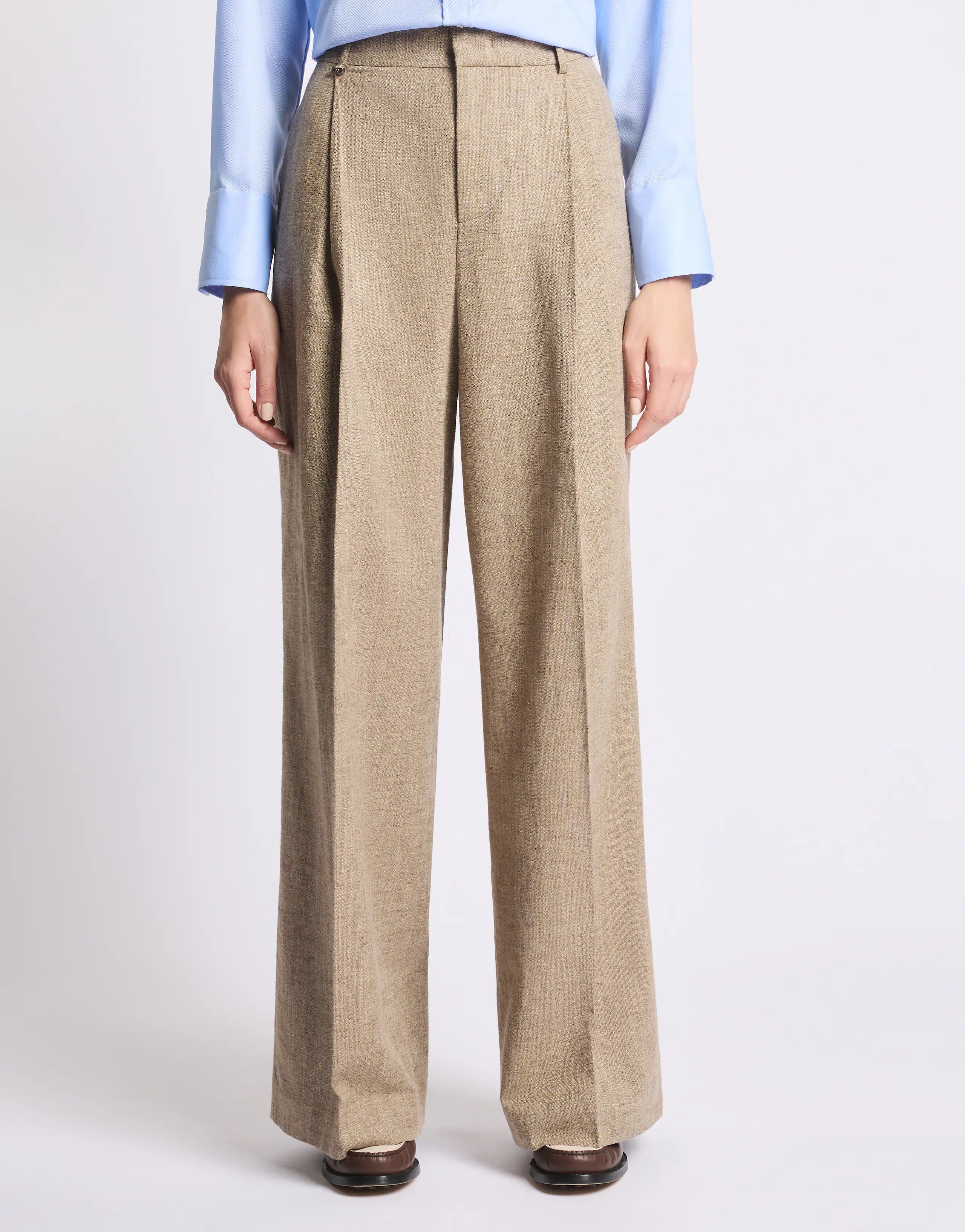 FAY Pantalone Donna Micro-Herringbone Cotone Lino-Beige