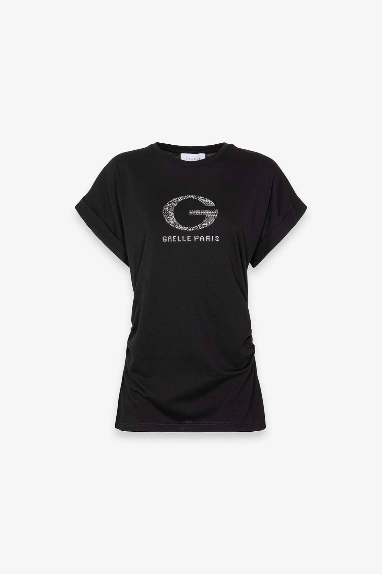 GAELLE PARIS T-Shirt Donna Spacco sul Retro Logo Strass-Nero