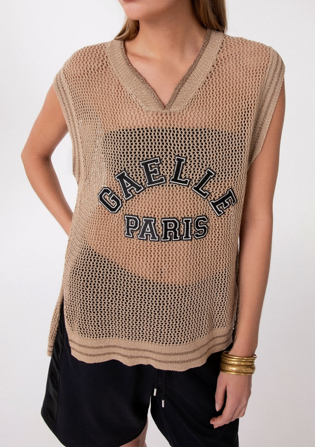 GAELLE PARIS Canotta Donna Maglia Traforata Over-Beige