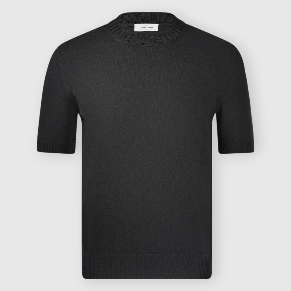 GRAN SASSO T-Shirt Uomo Maglia Cotone Collo Coste Larghe-Nero