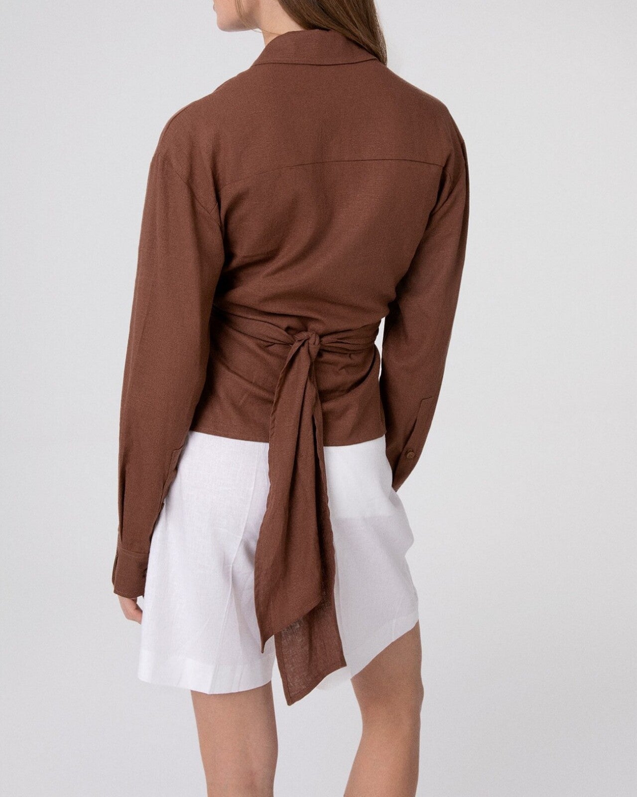 HINNOMINATE Camicia Donna Lino Corta Annodabile-Moka