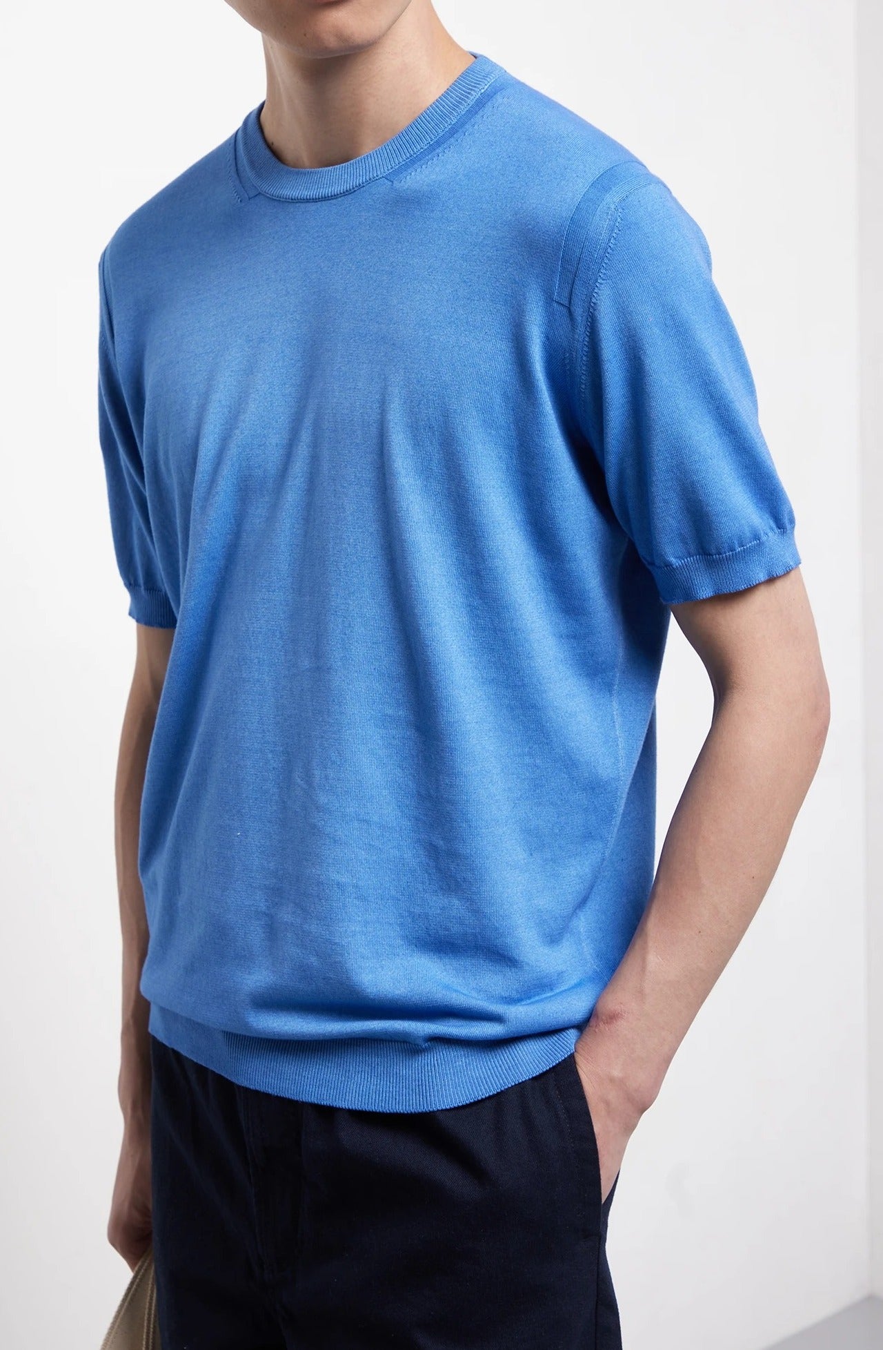 KANGRA Maglia Uomo Girocollo Cotone Trattamento Vintage-Indaco