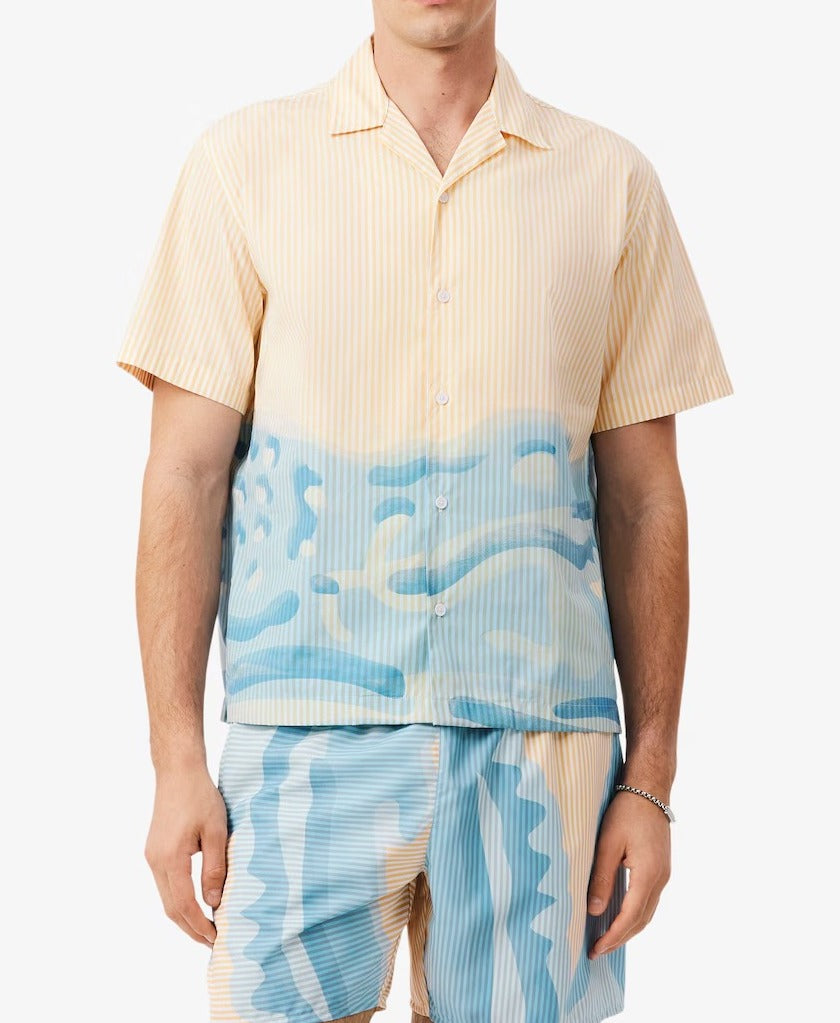 LACOSTE Camicia Uomo Popeline Cotone Righe Stampa-Blanc/Beige